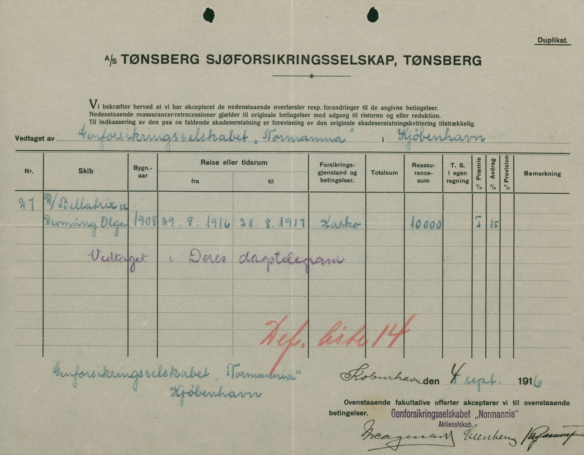 Pa 664 - Tønsberg Sjøforsikringsselskap, VEMU/A-1773/F/L0001: Forsikringspoliser, 1915-1918