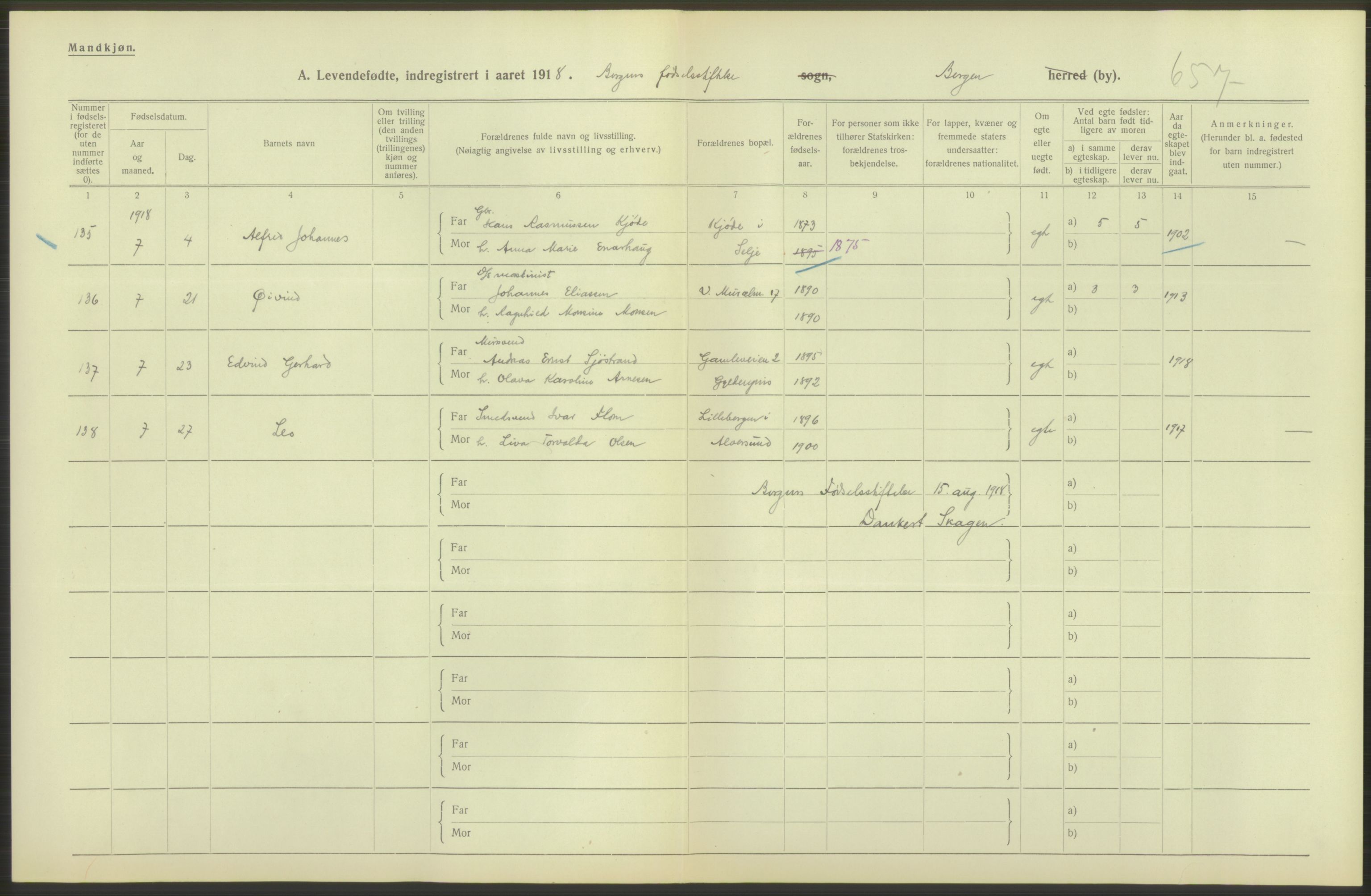 Statistisk sentralbyrå, Sosiodemografiske emner, Befolkning, AV/RA-S-2228/D/Df/Dfb/Dfbh/L0037: Bergen: Levendefødte menn og kvinner., 1918, s. 72