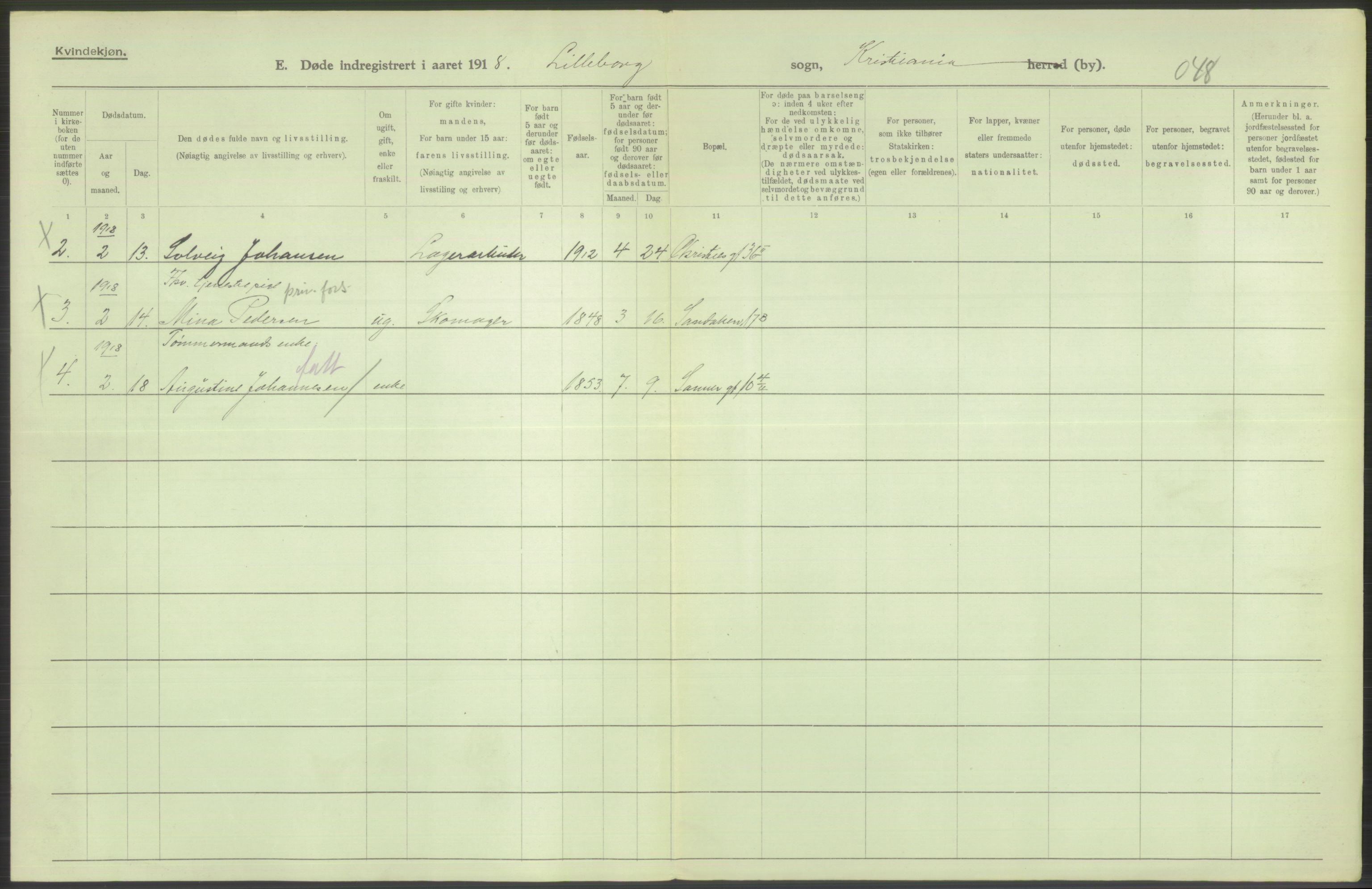 Statistisk sentralbyrå, Sosiodemografiske emner, Befolkning, RA/S-2228/D/Df/Dfb/Dfbh/L0010: Kristiania: Døde, 1918, s. 454