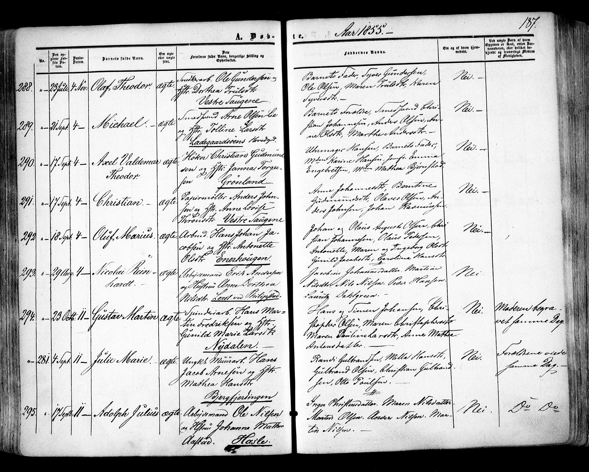 Aker prestekontor kirkebøker, AV/SAO-A-10861/F/L0020: Ministerialbok nr. 20, 1853-1857, s. 187