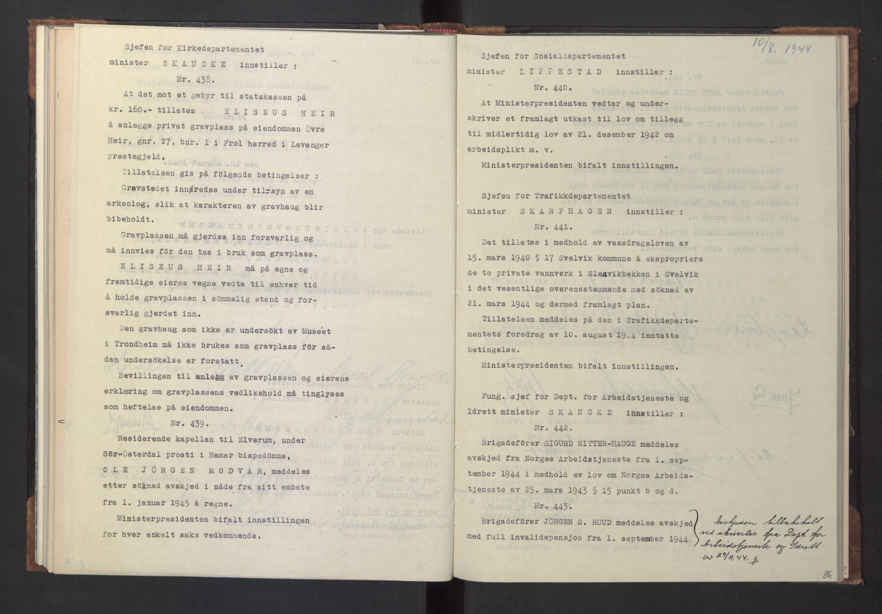 NS-administrasjonen 1940-1945 (Statsrådsekretariatet, de kommisariske statsråder mm), AV/RA-S-4279/D/Da/L0005: Protokoll fra ministermøter, 1944, s. 88