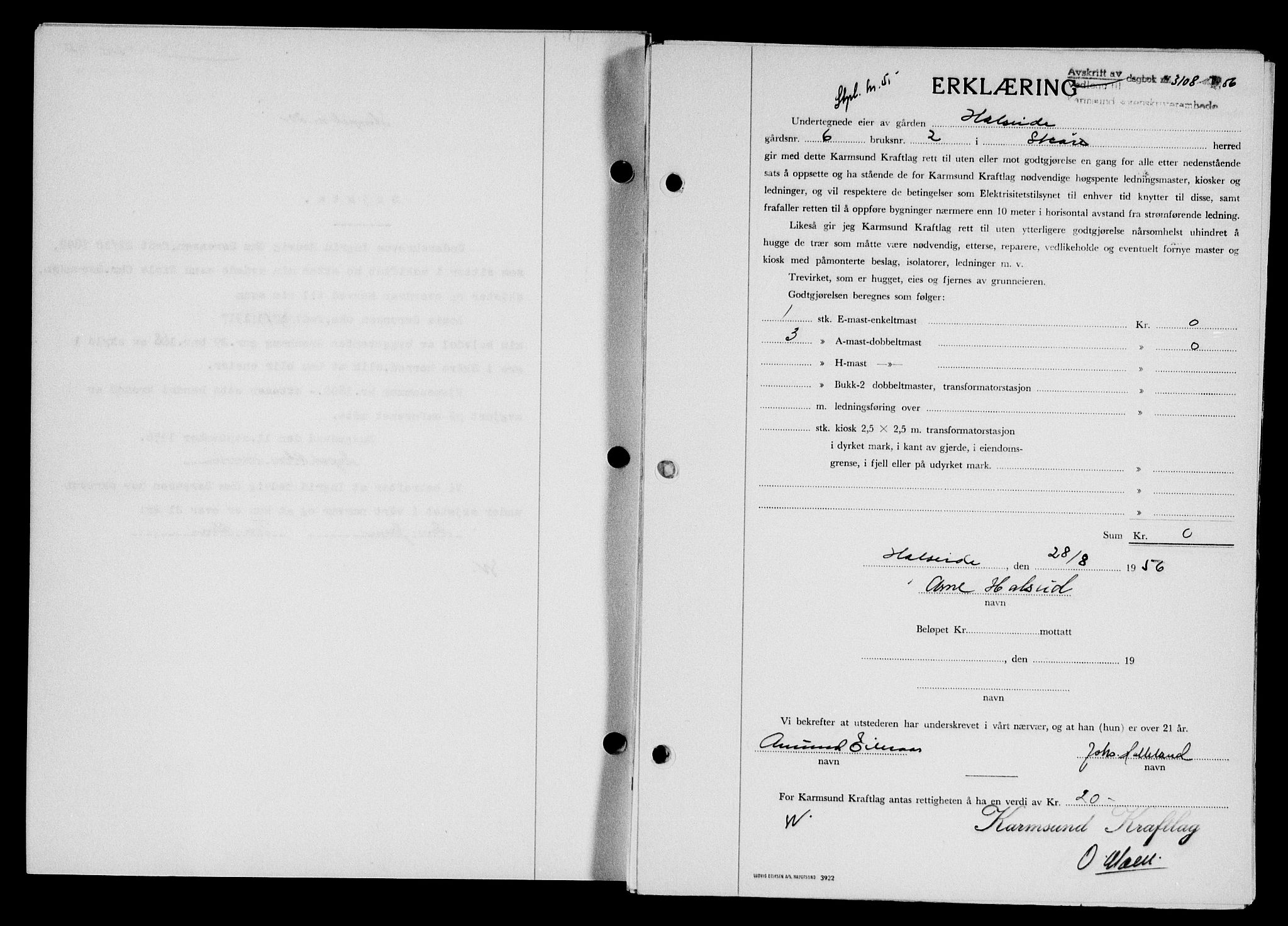 Karmsund sorenskriveri, SAST/A-100311/01/II/IIB/L0121: Pantebok nr. 101A, 1956-1956, Dagboknr: 3108/1956