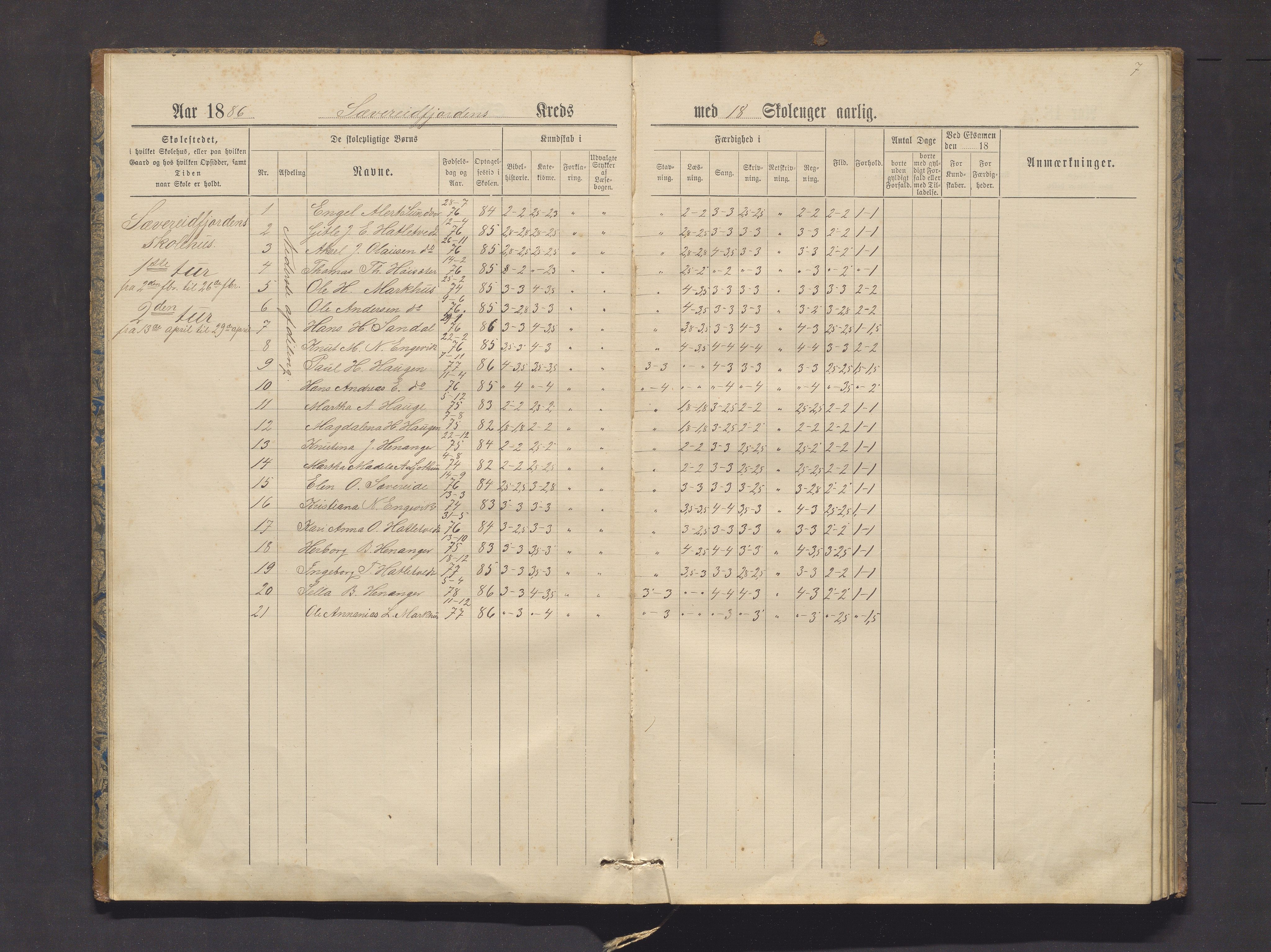 Strandvik kommune. Barneskulane, IKAH/1240-231/F/Fa/L0008: Skuleprotokoll for Sævareidfjorden, Næsset og Håvik krinsar i Fusa prestegjeld, 1885-1894