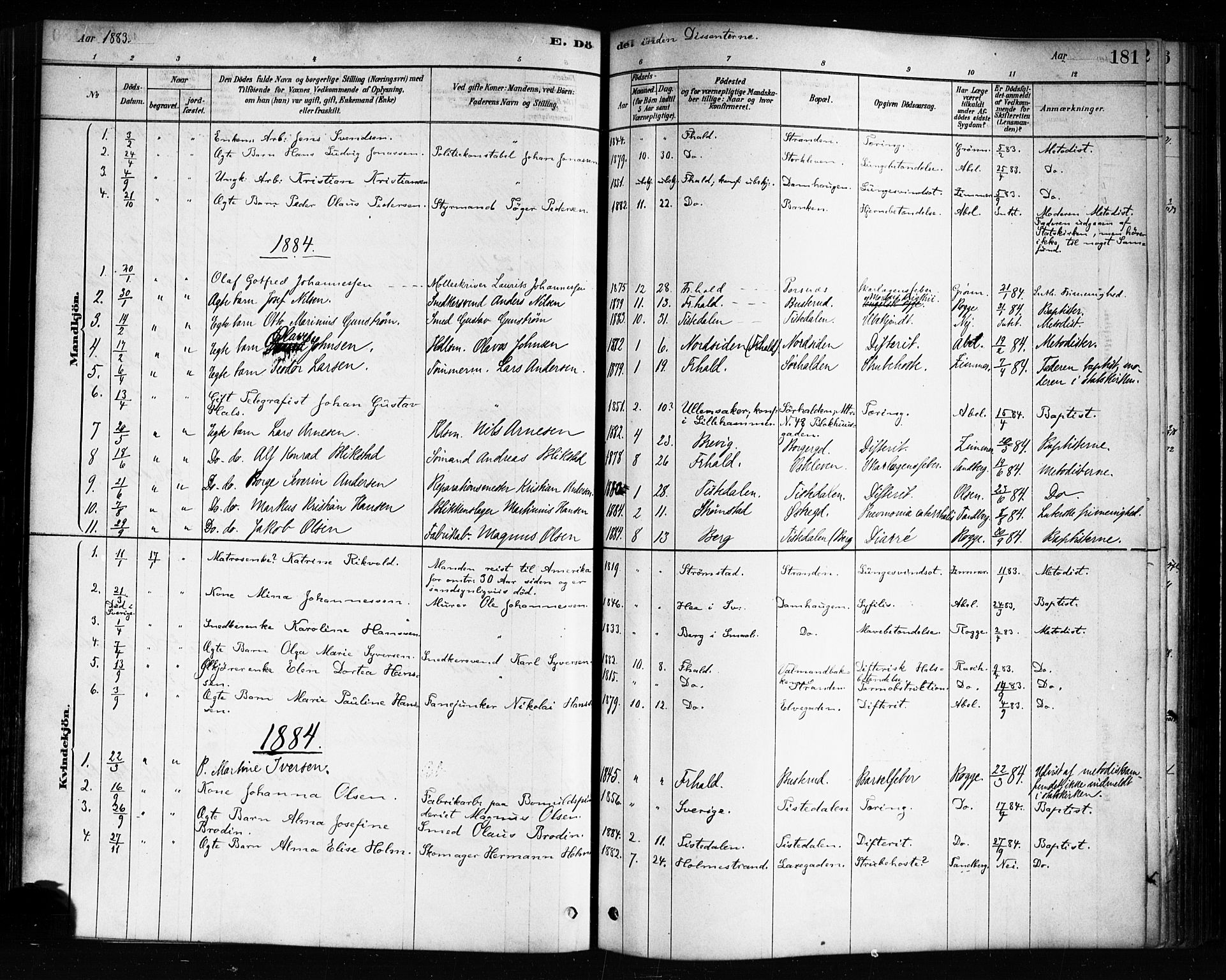 Halden prestekontor Kirkebøker, AV/SAO-A-10909/F/Fa/L0012: Ministerialbok nr. I 12, 1878-1889, s. 181