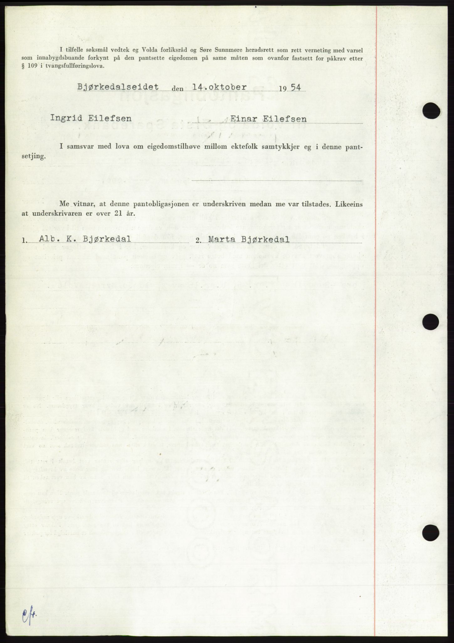 Søre Sunnmøre sorenskriveri, AV/SAT-A-4122/1/2/2C/L0126: Pantebok nr. 14B, 1954-1955, Dagboknr: 2740/1954