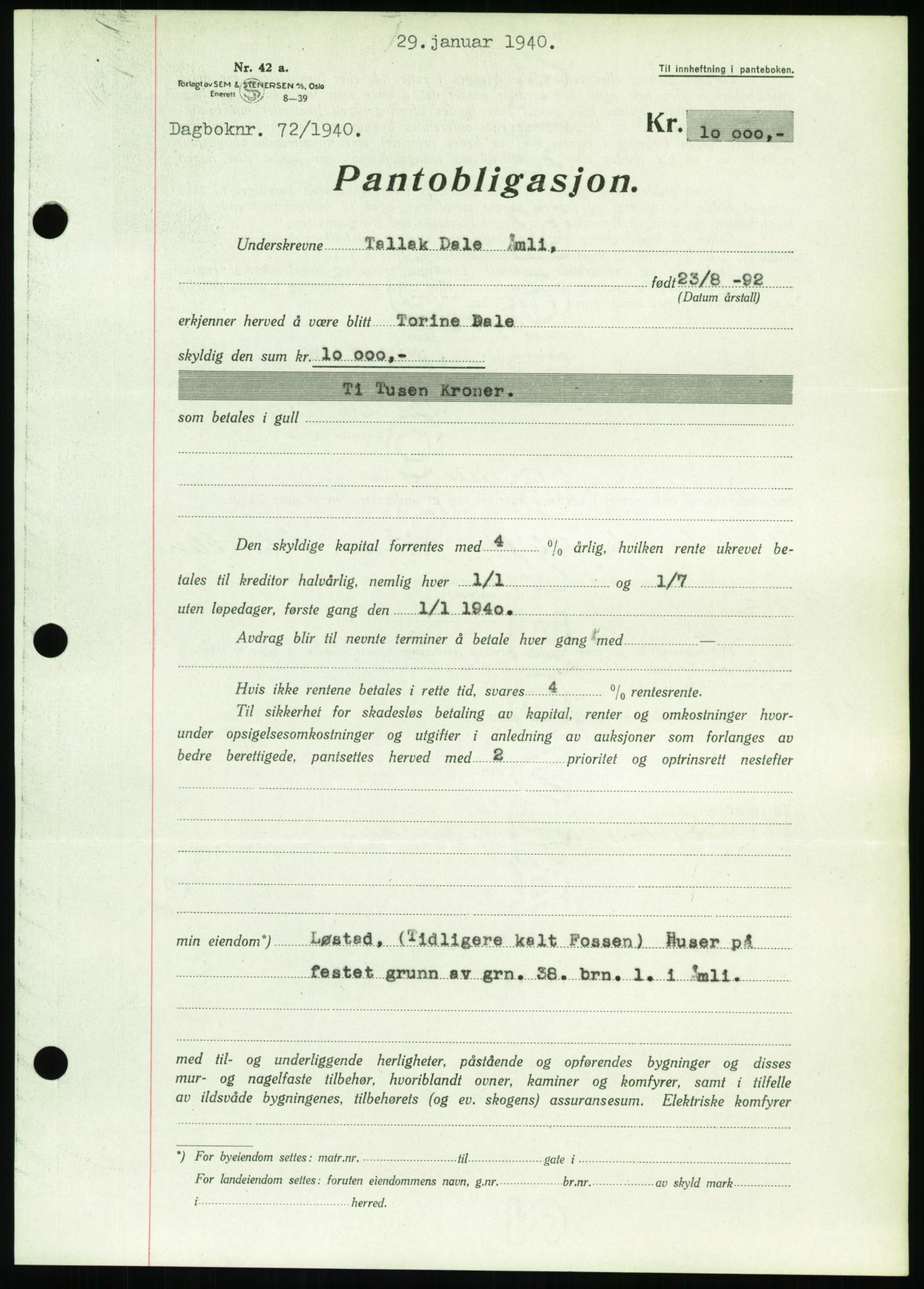 Nedenes sorenskriveri, SAK/1221-0006/G/Gb/Gbb/L0001: Pantebok nr. I, 1939-1942, Dagboknr: 72/1940