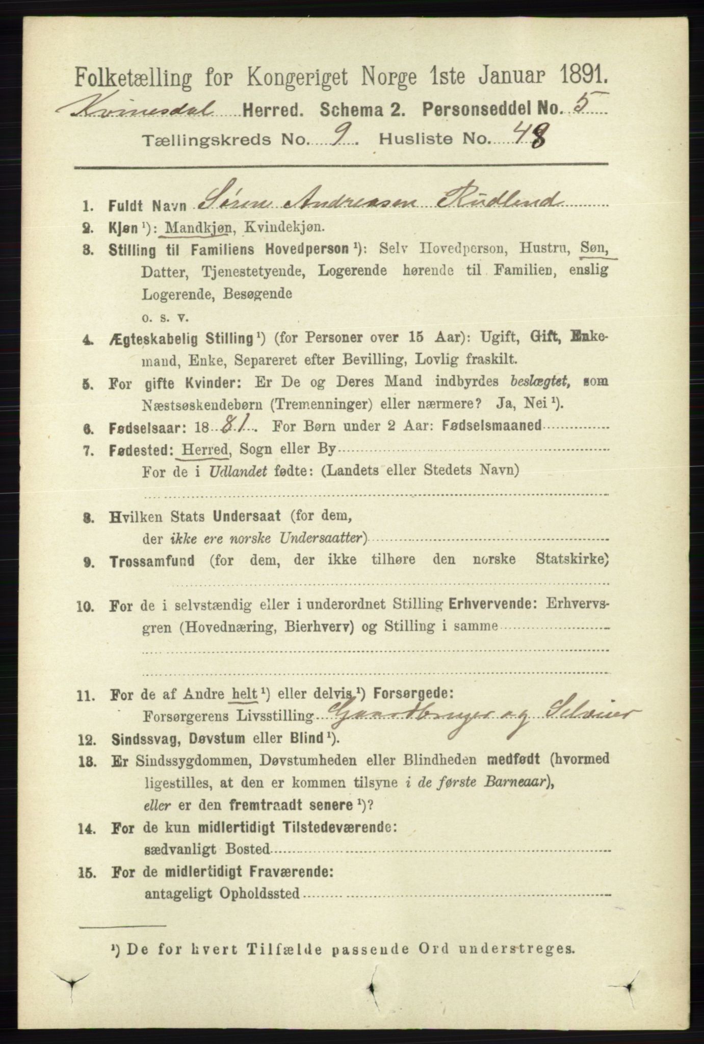 RA, Folketelling 1891 for 1037 Kvinesdal herred, 1891, s. 3547