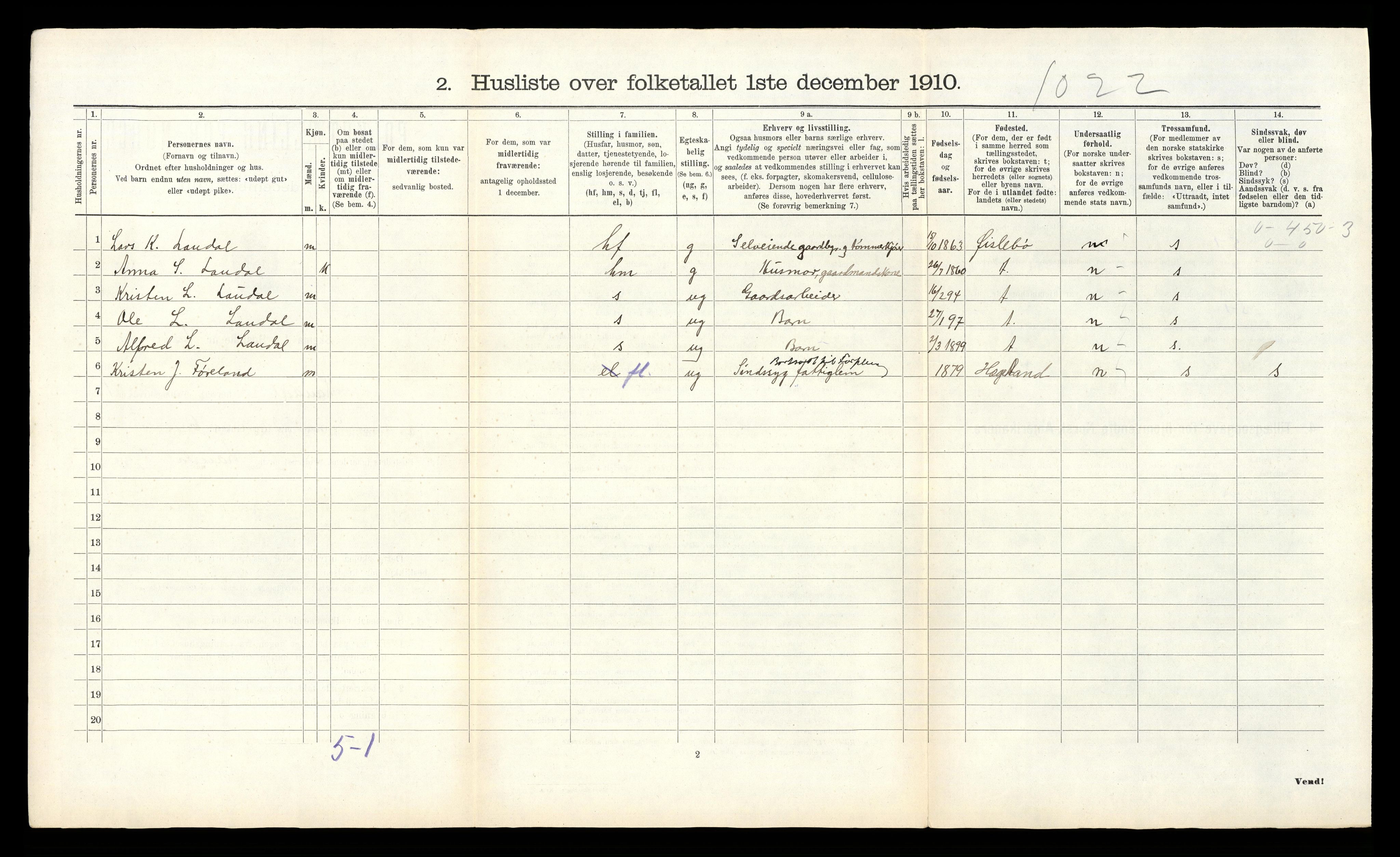 RA, Folketelling 1910 for 1022 Laudal herred, 1910, s. 34