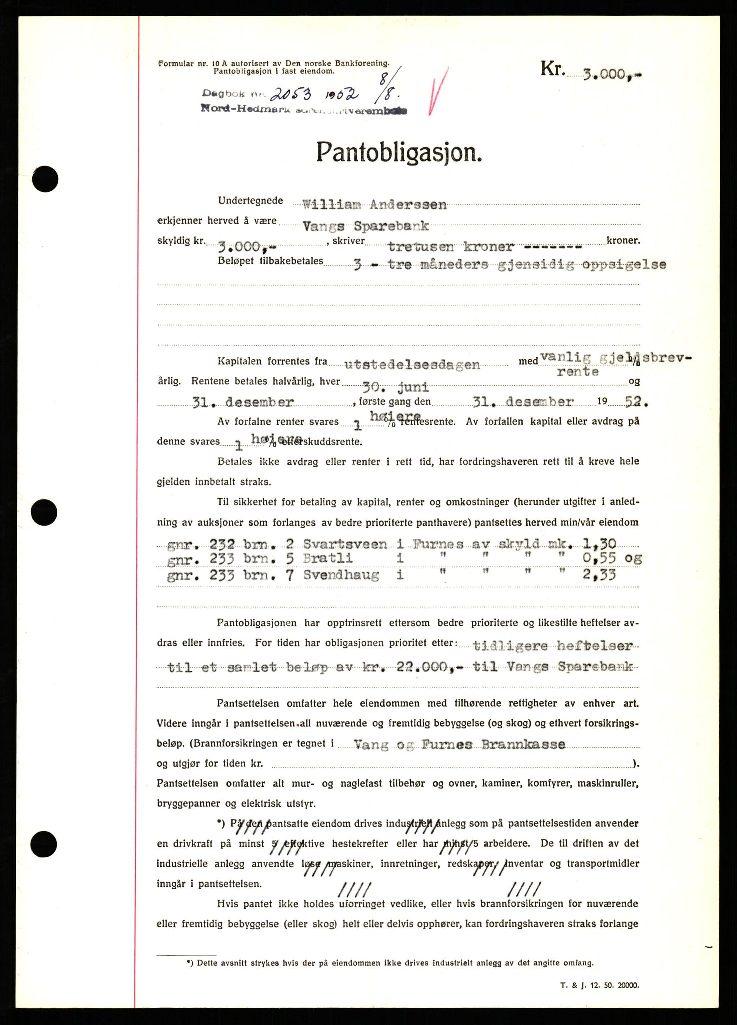 Nord-Hedmark sorenskriveri, SAH/TING-012/H/Hb/Hbf/L0025: Pantebok nr. B25, 1952-1952, Dagboknr: 2053/1952