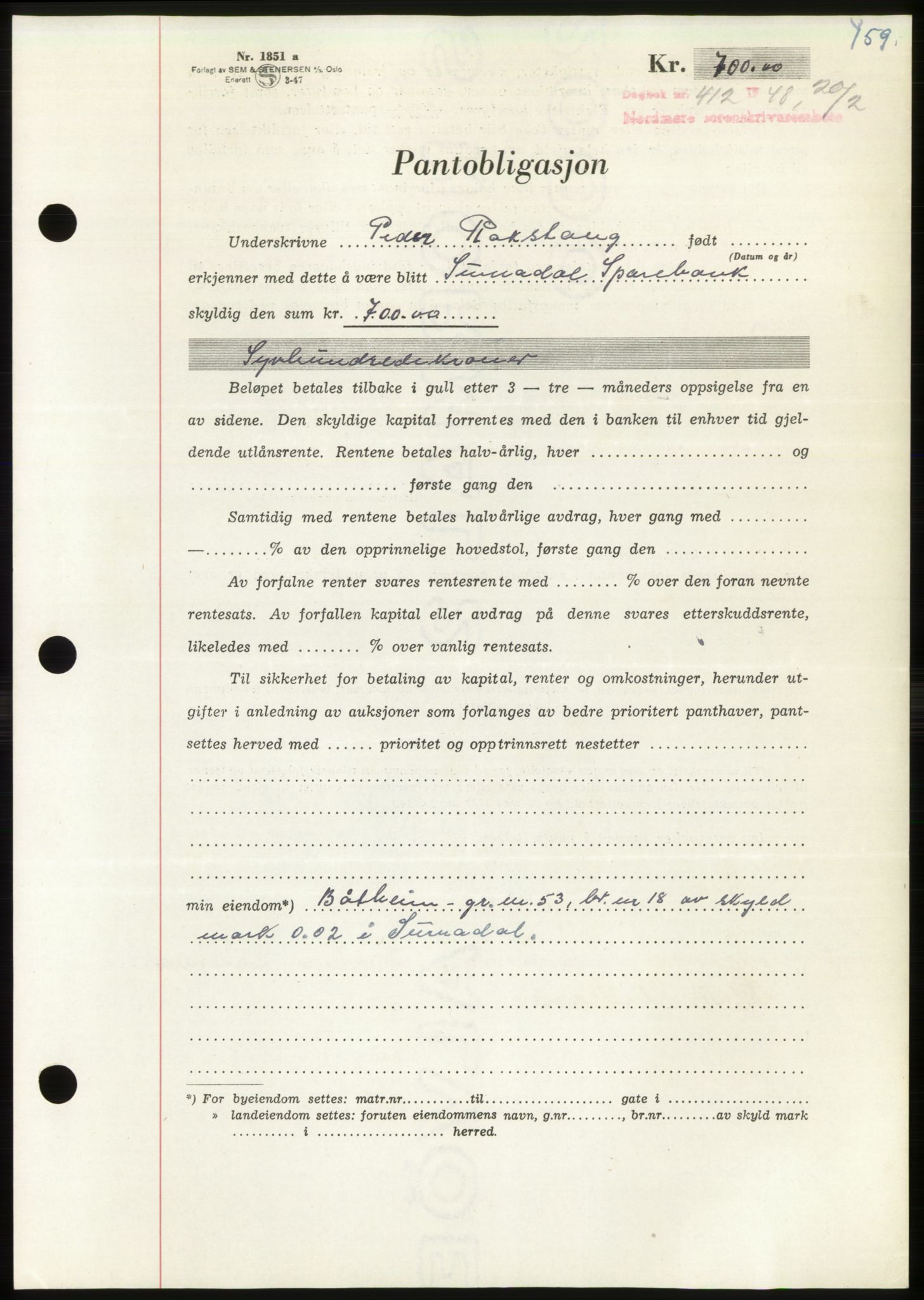 Nordmøre sorenskriveri, AV/SAT-A-4132/1/2/2Ca: Pantebok nr. B98, 1948-1948, Dagboknr: 412/1948