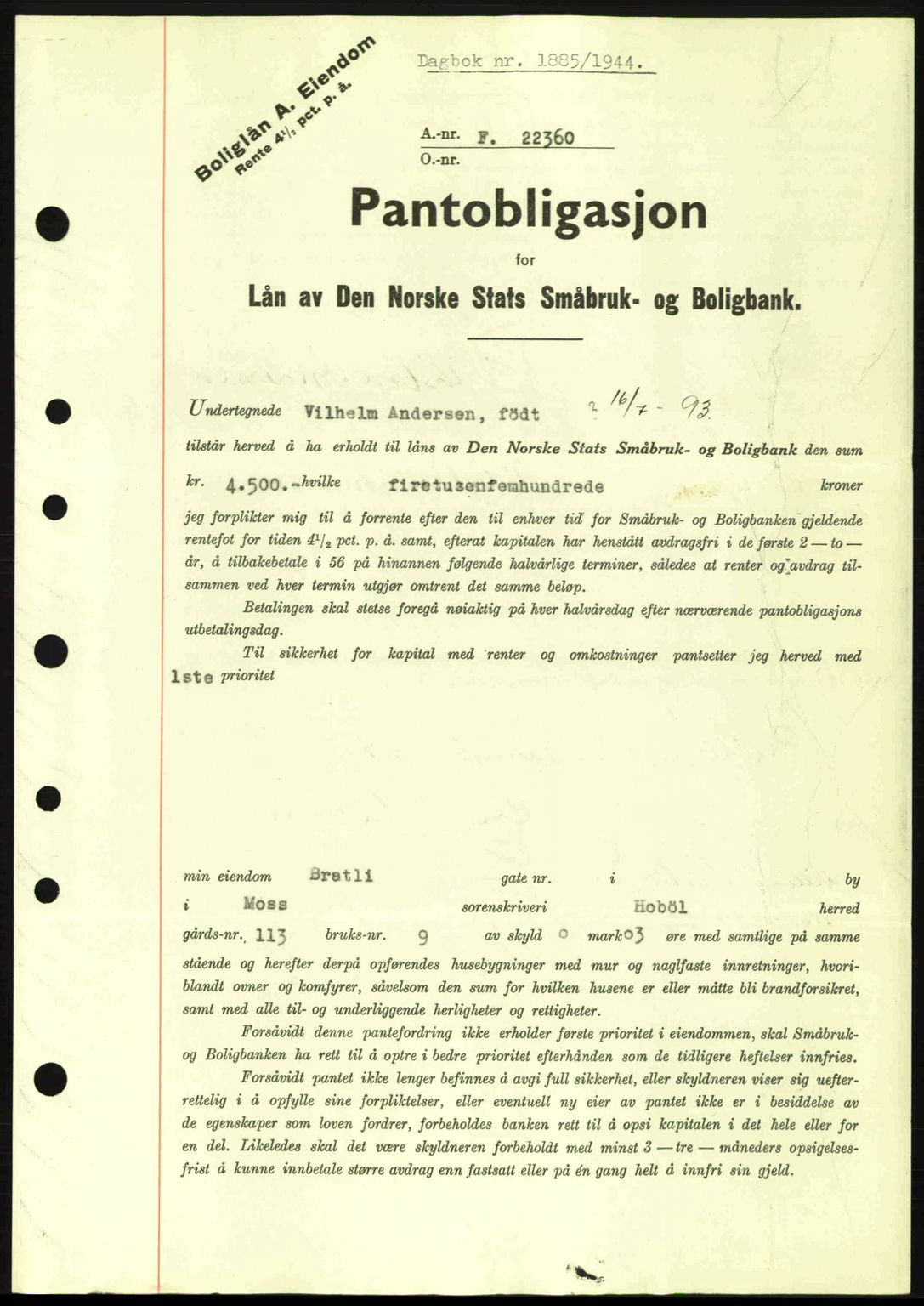 Moss sorenskriveri, SAO/A-10168: Pantebok nr. B13, 1943-1945, Dagboknr: 1885/1944
