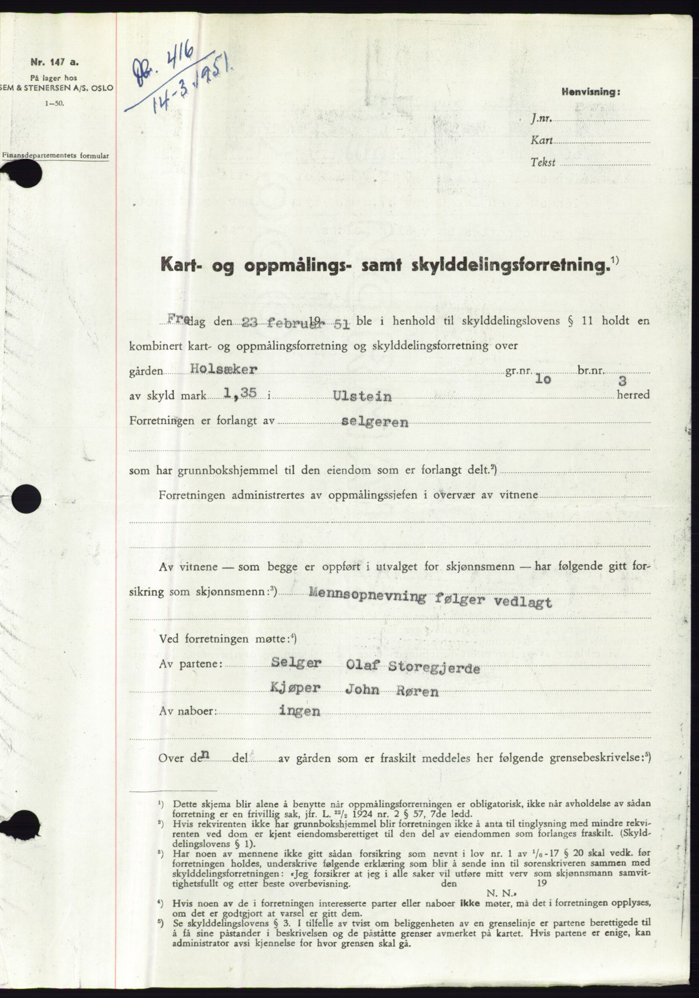 Søre Sunnmøre sorenskriveri, SAT/A-4122/1/2/2C/L0088: Pantebok nr. 14A, 1950-1951, Dagboknr: 416/1951