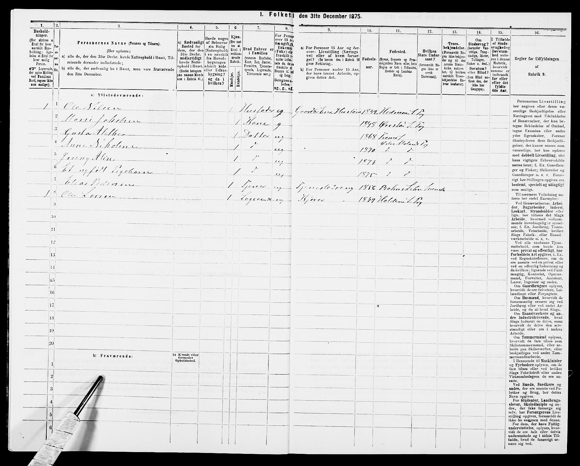 SAK, Folketelling 1875 for 0918P Austre Moland prestegjeld, 1875, s. 463