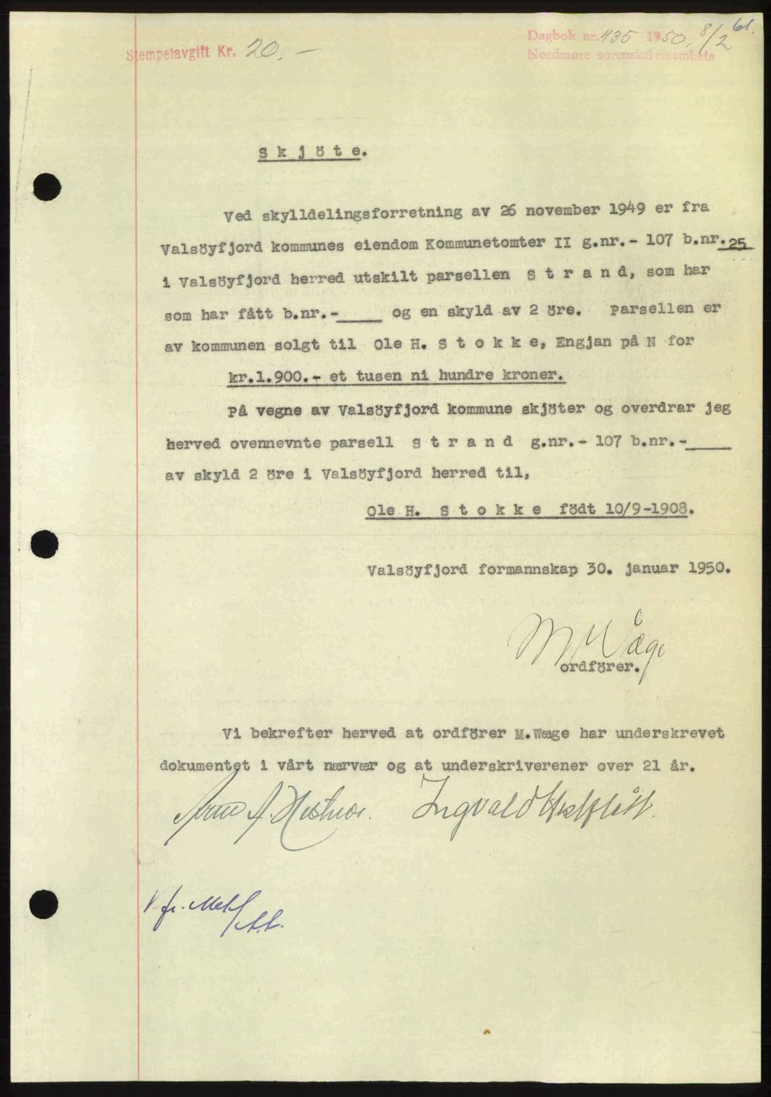 Nordmøre sorenskriveri, SAT/A-4132/1/2/2Ca: Pantebok nr. A114, 1950-1950, Dagboknr: 435/1950