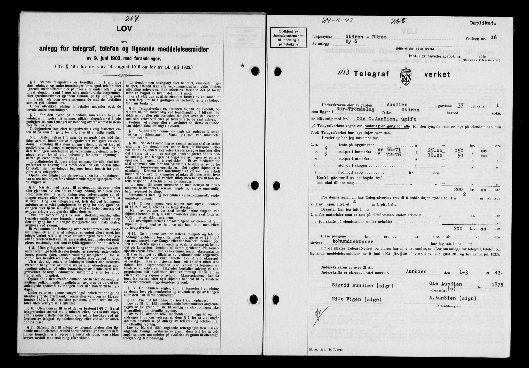 Gauldal sorenskriveri, SAT/A-0014/1/2/2C/L0057: Pantebok nr. 62, 1943-1944, Dagboknr: 1153/1943