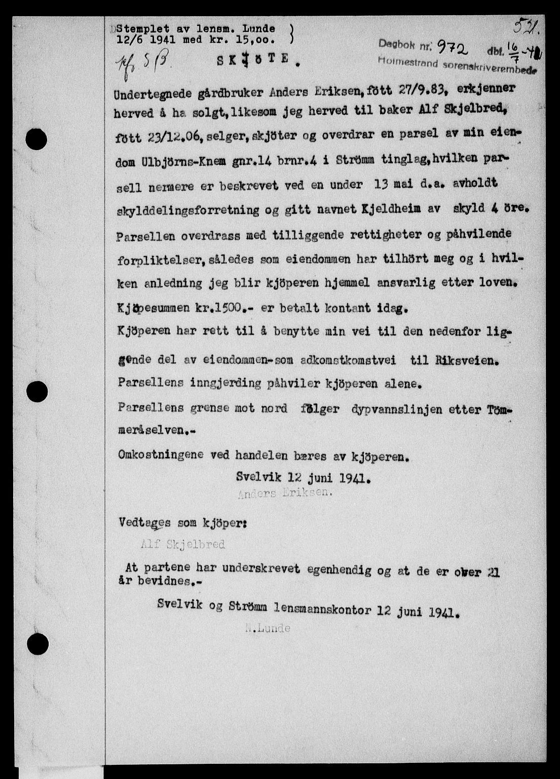 Holmestrand sorenskriveri, SAKO/A-67/G/Ga/Gaa/L0053: Pantebok nr. A-53, 1941-1941, Dagboknr: 972/1941