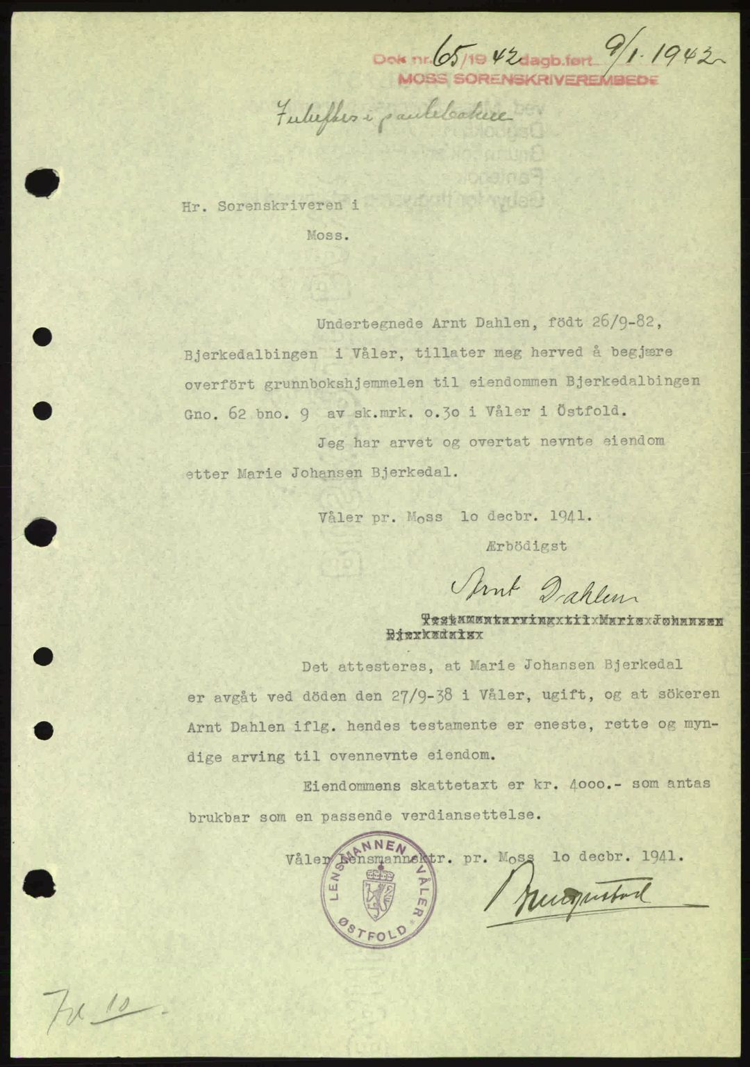 Moss sorenskriveri, SAO/A-10168: Pantebok nr. A9, 1941-1942, Dagboknr: 65/1942