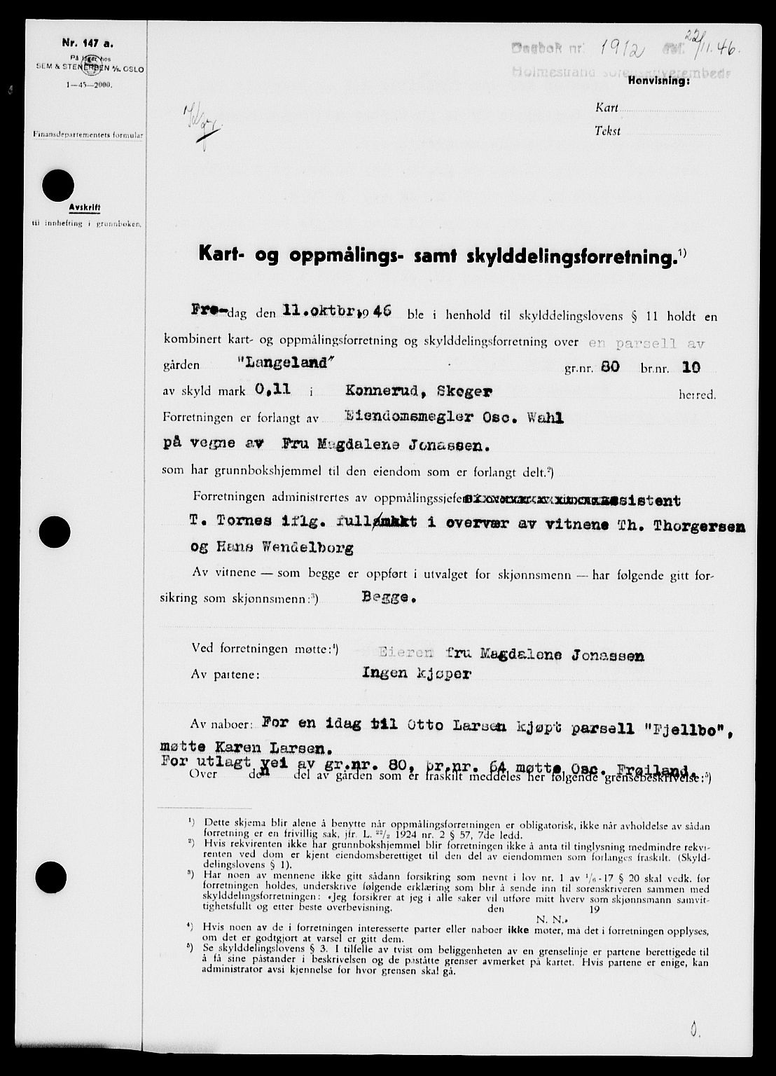 Holmestrand sorenskriveri, SAKO/A-67/G/Ga/Gaa/L0061: Pantebok nr. A-61, 1946-1947, Dagboknr: 1912/1946