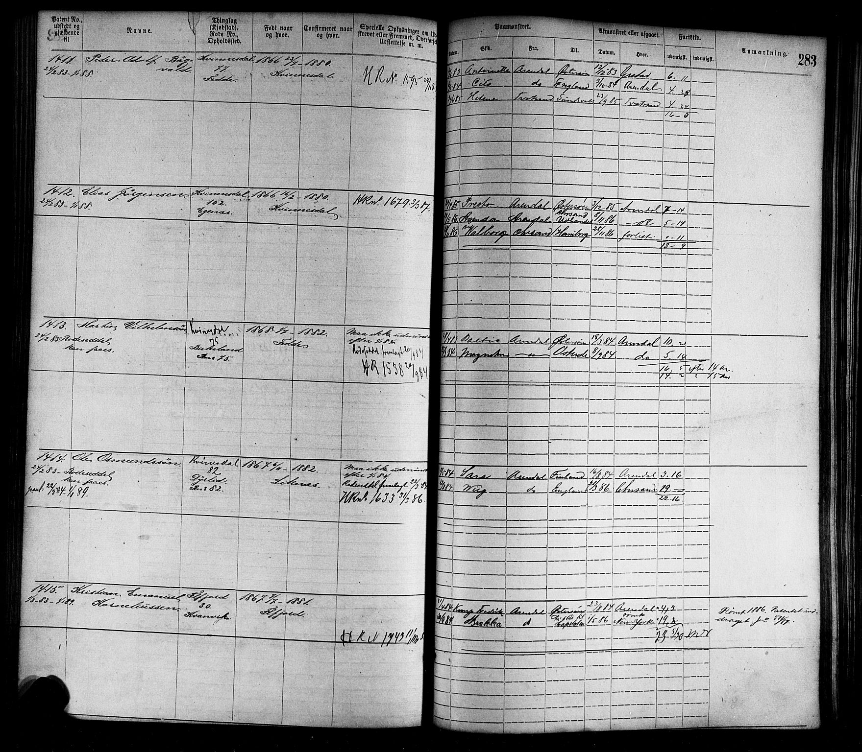 Flekkefjord mønstringskrets, AV/SAK-2031-0018/F/Fa/L0002: Annotasjonsrulle nr 1-1920 med register, N-2, 1870-1891, s. 311
