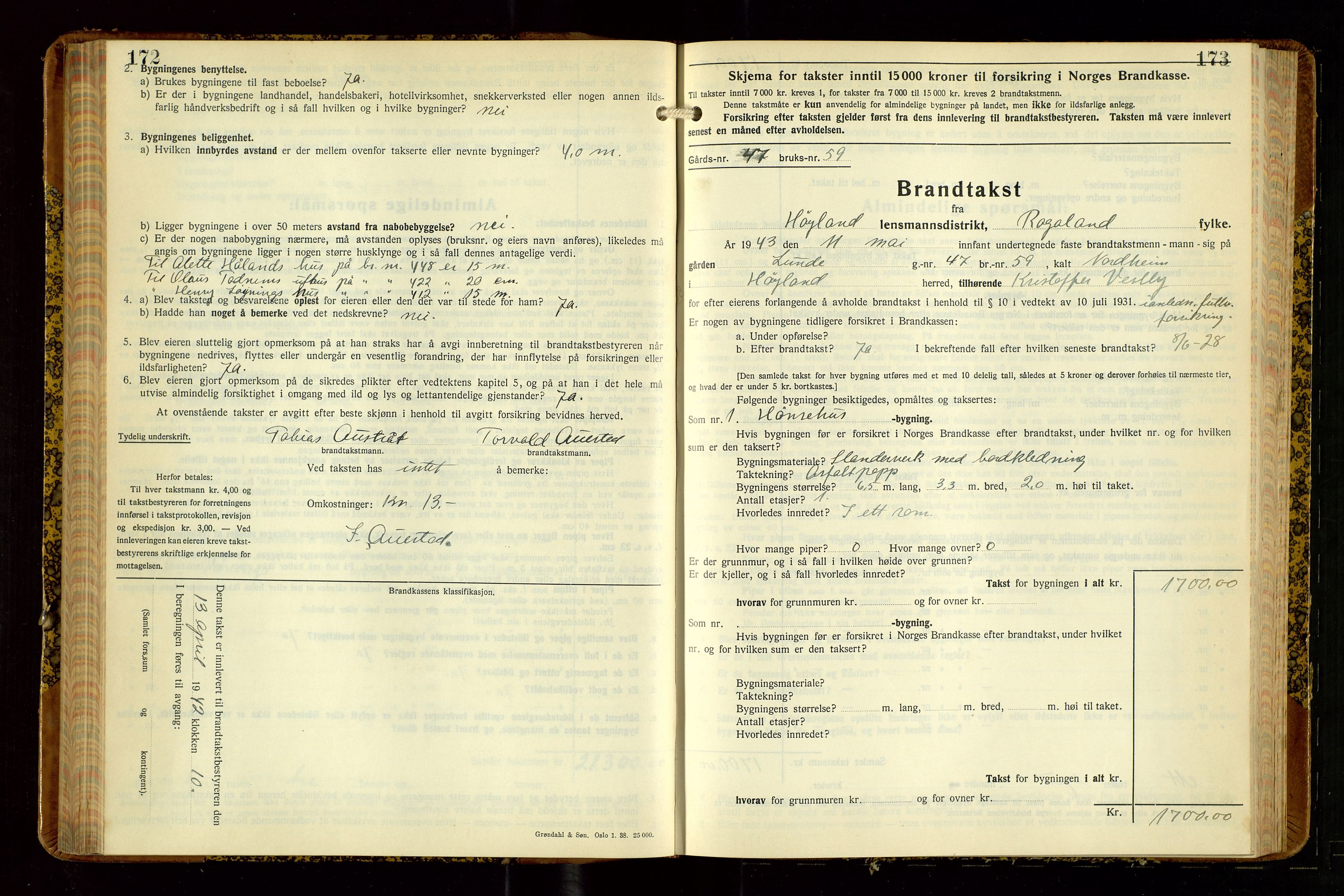 Høyland/Sandnes lensmannskontor, AV/SAST-A-100166/Gob/L0008: "Branntakstprotokoll", 1940-1952, s. 172-173