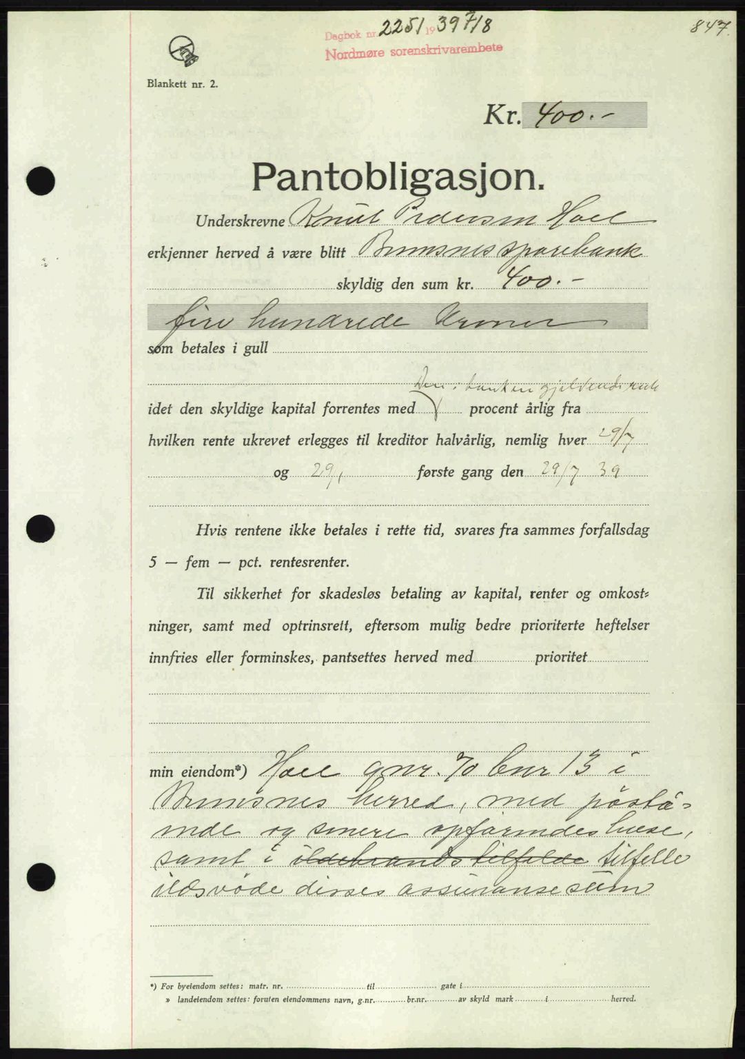 Nordmøre sorenskriveri, SAT/A-4132/1/2/2Ca: Pantebok nr. B85, 1939-1939, Dagboknr: 2251/1939