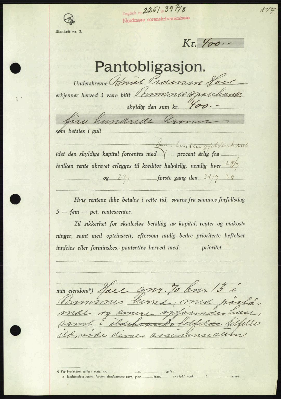 Nordmøre sorenskriveri, AV/SAT-A-4132/1/2/2Ca: Pantebok nr. B85, 1939-1939, Dagboknr: 2251/1939