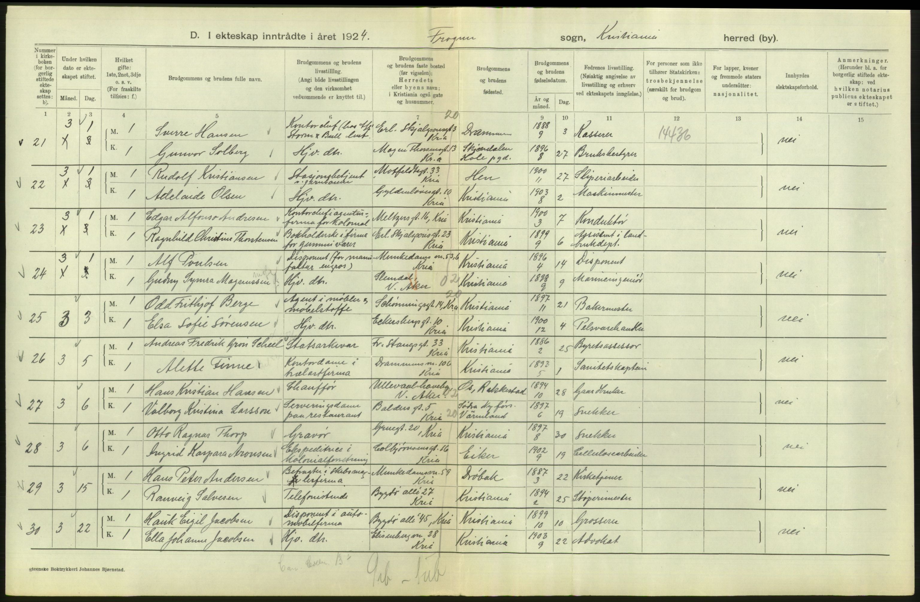 Statistisk sentralbyrå, Sosiodemografiske emner, Befolkning, AV/RA-S-2228/D/Df/Dfc/Dfcd/L0007: Kristiania: Gifte, 1924, s. 206