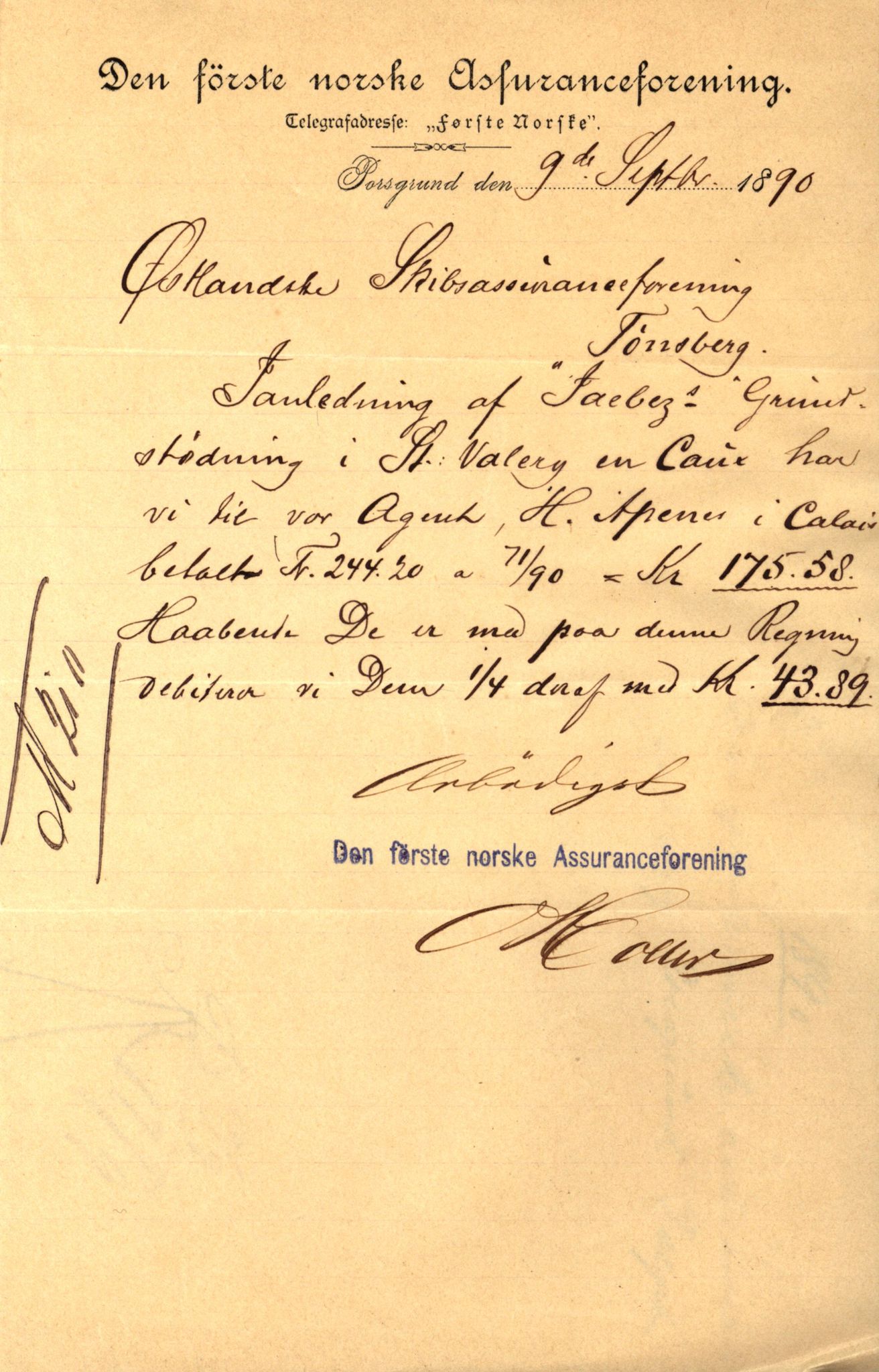 Pa 63 - Østlandske skibsassuranceforening, VEMU/A-1079/G/Ga/L0025/0005: Havaridokumenter / Jacbez, Brin, Eugenie, Lyna, Løvspring, Hurtig, 1890, s. 2