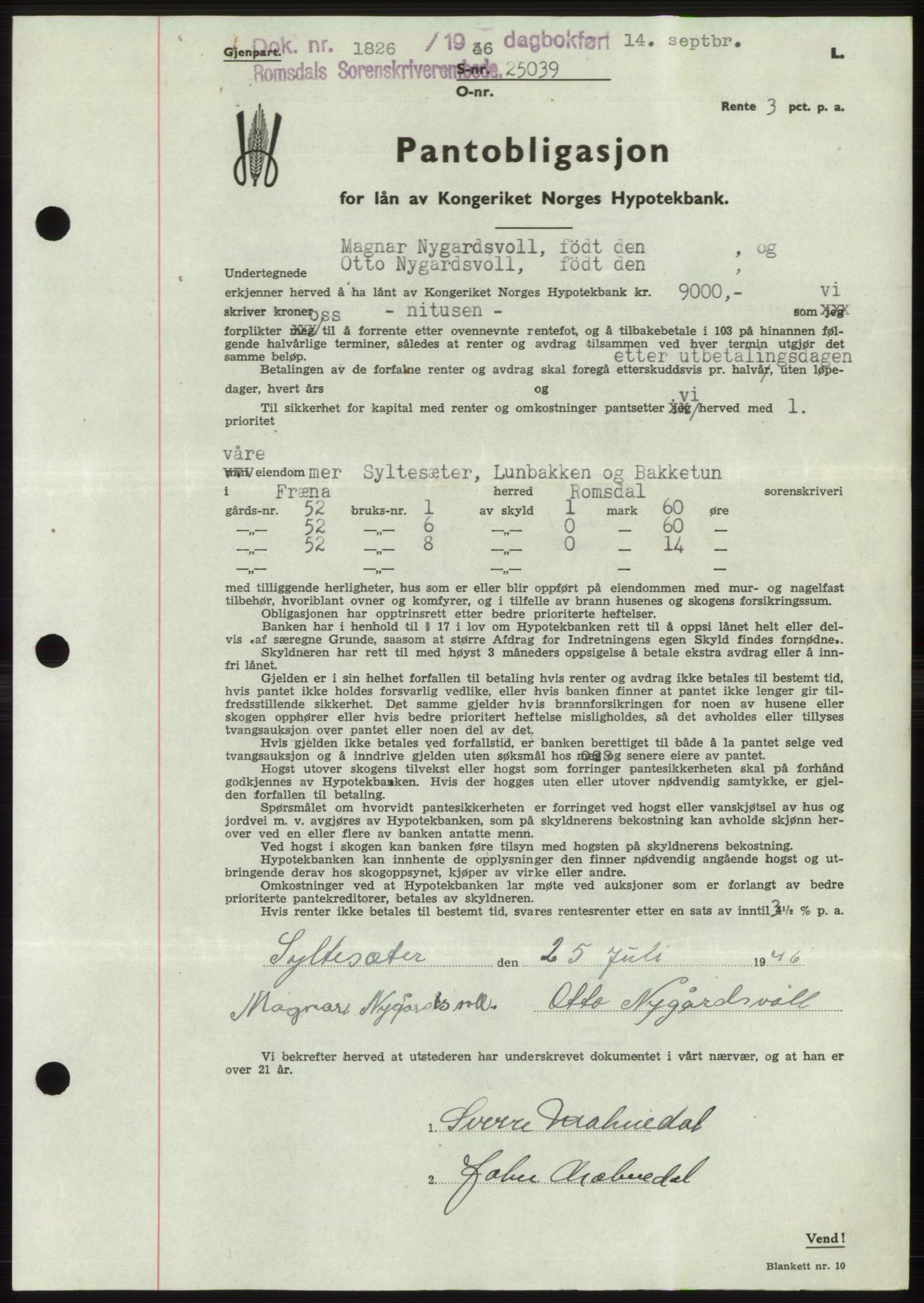 Romsdal sorenskriveri, SAT/A-4149/1/2/2C: Pantebok nr. B3, 1946-1948, Dagboknr: 1826/1946