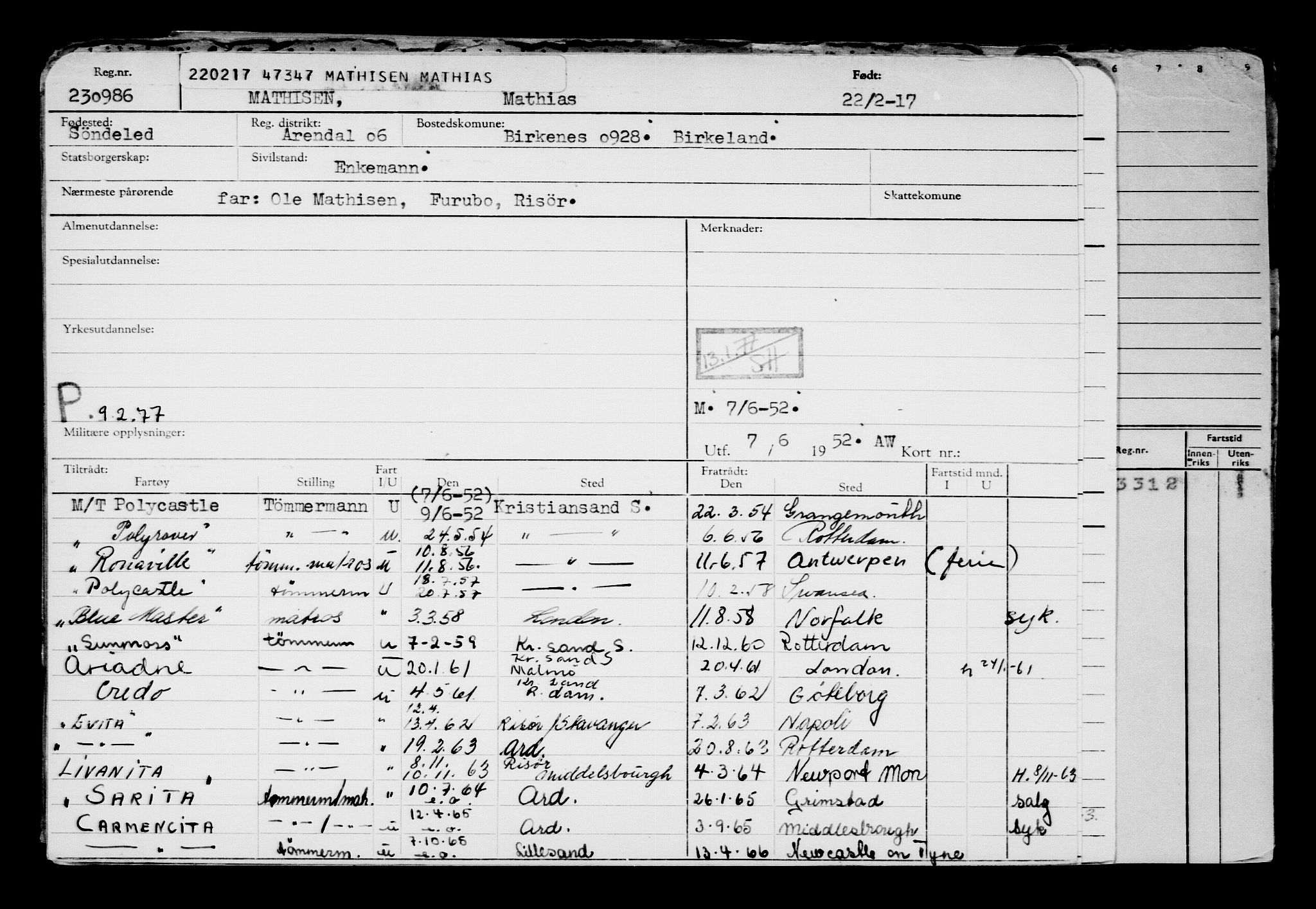 Direktoratet for sjømenn, AV/RA-S-3545/G/Gb/L0146: Hovedkort, 1917, s. 245