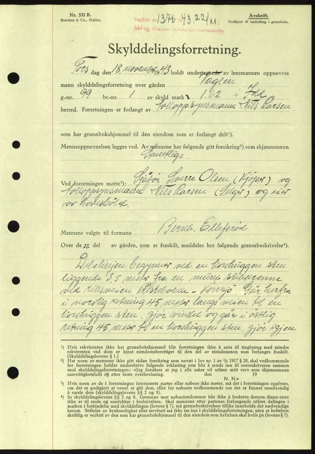 Idd og Marker sorenskriveri, AV/SAO-A-10283/G/Gb/Gbb/L0006: Pantebok nr. A6, 1943-1944, Dagboknr: 1375/1943