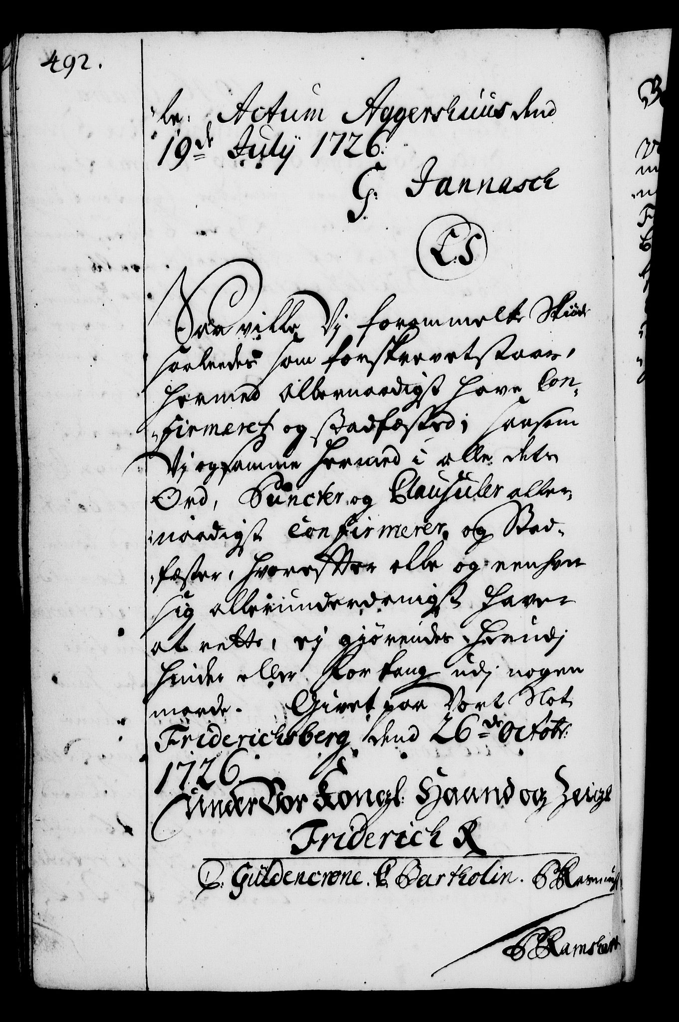 Rentekammeret, Kammerkanselliet, RA/EA-3111/G/Gg/Gga/L0002: Norsk ekspedisjonsprotokoll med register (merket RK 53.2), 1723-1727, s. 492
