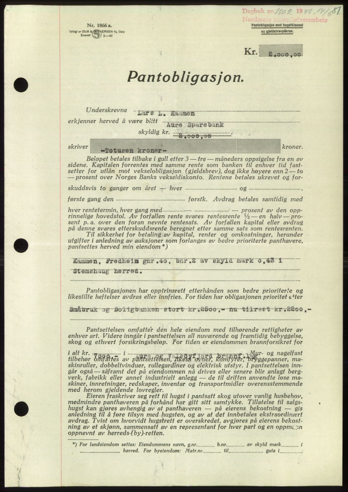 Nordmøre sorenskriveri, SAT/A-4132/1/2/2Ca: Pantebok nr. B99, 1948-1948, Dagboknr: 1802/1948