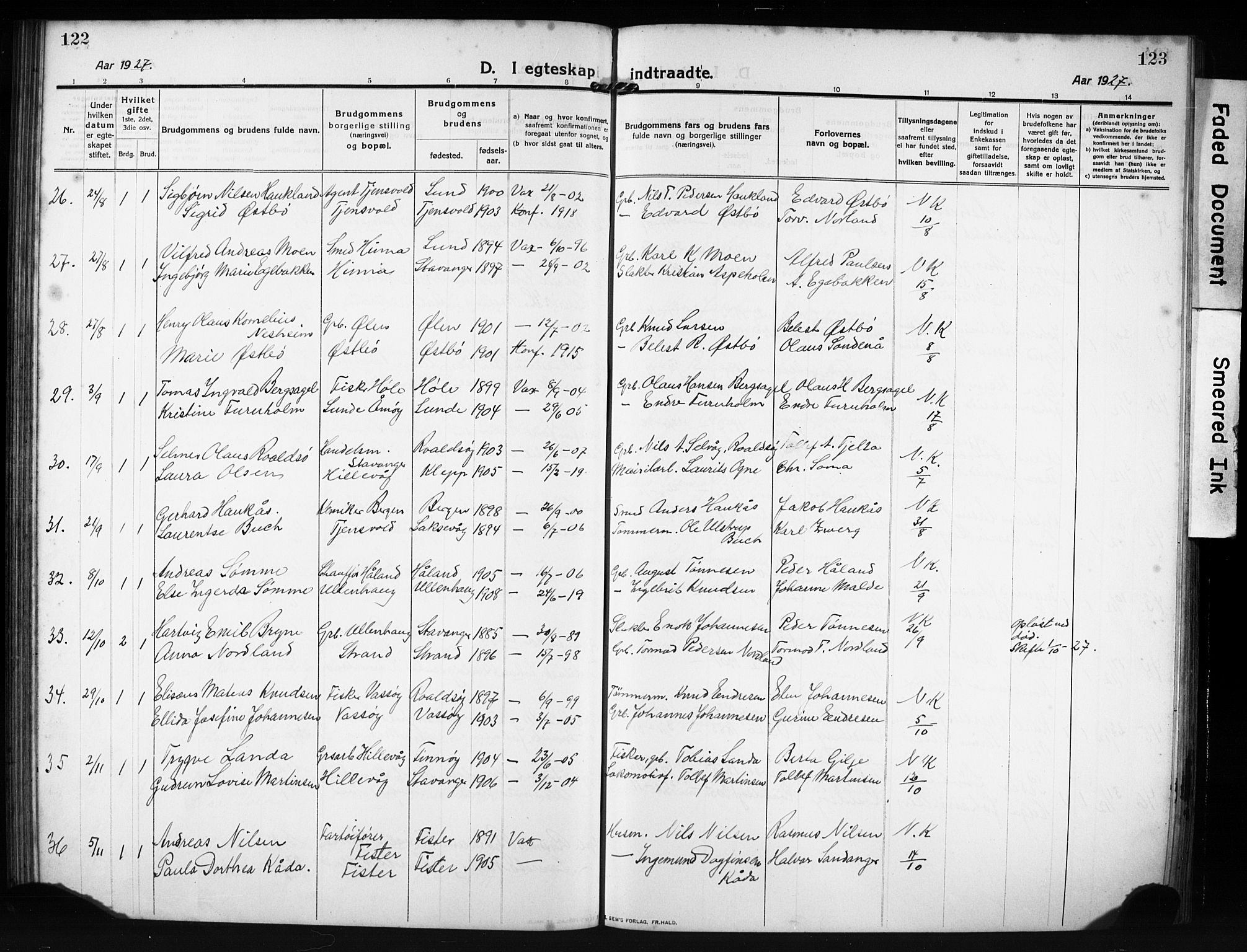 Hetland sokneprestkontor, AV/SAST-A-101826/30/30BB/L0009: Klokkerbok nr. B 9, 1910-1931, s. 122-123