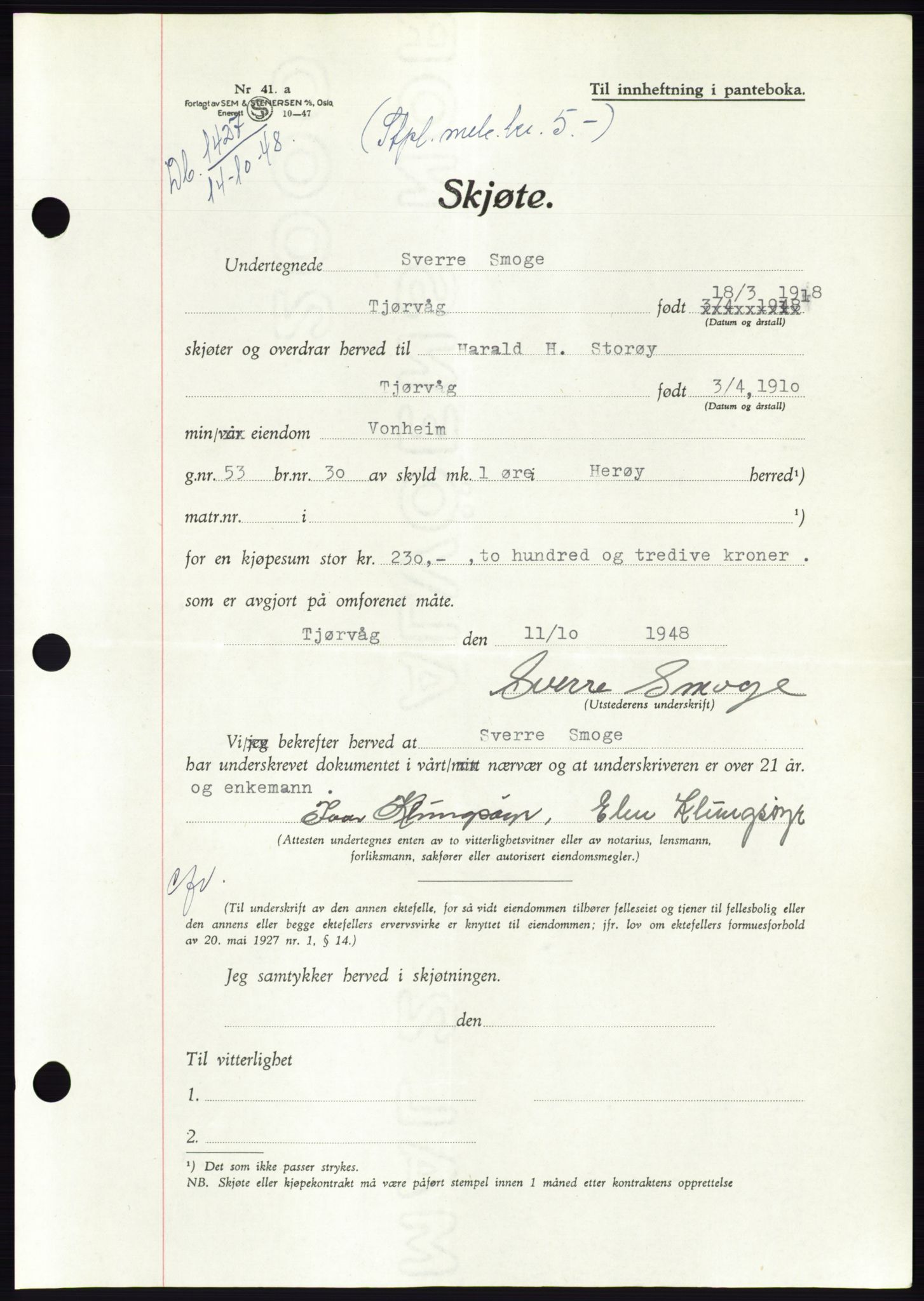 Søre Sunnmøre sorenskriveri, AV/SAT-A-4122/1/2/2C/L0083: Pantebok nr. 9A, 1948-1949, Dagboknr: 1427/1948