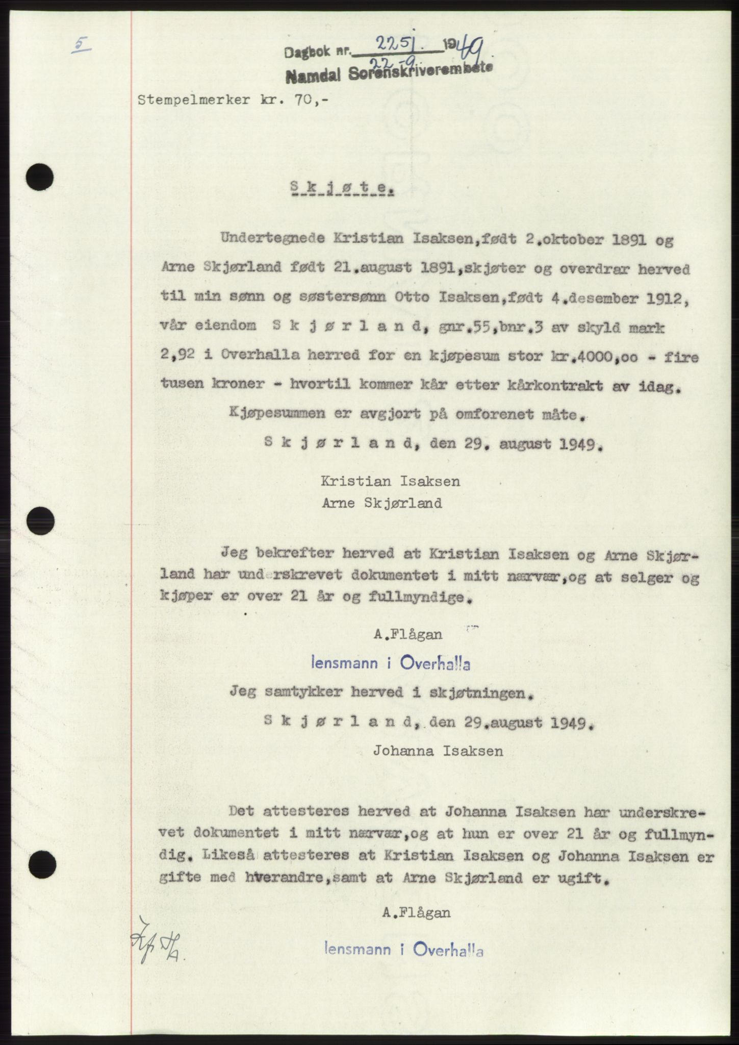 Namdal sorenskriveri, SAT/A-4133/1/2/2C: Pantebok nr. -, 1949-1949, Dagboknr: 2251/1949