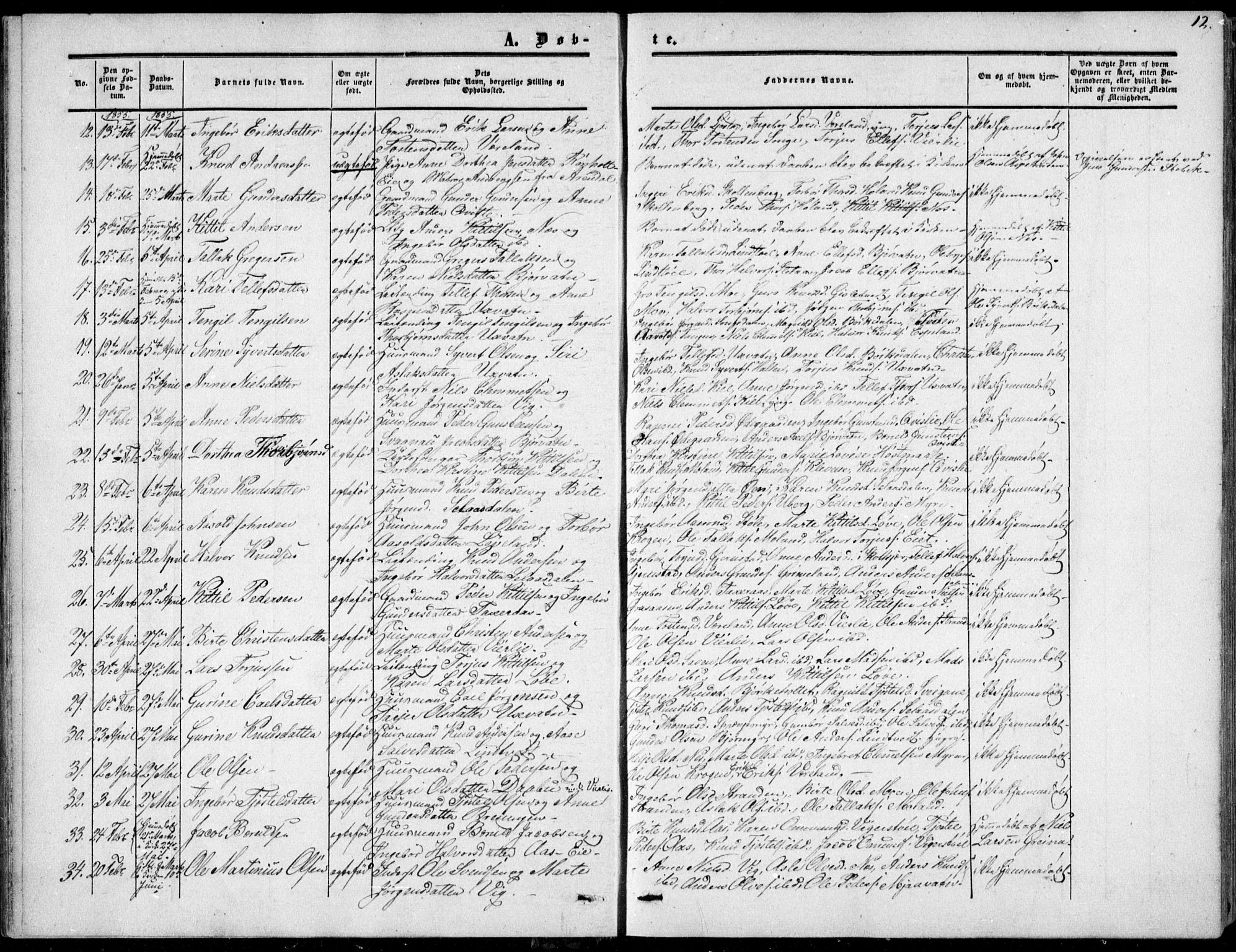 Gjerstad sokneprestkontor, AV/SAK-1111-0014/F/Fa/Fab/L0003: Ministerialbok nr. A 3, 1853-1878, s. 12