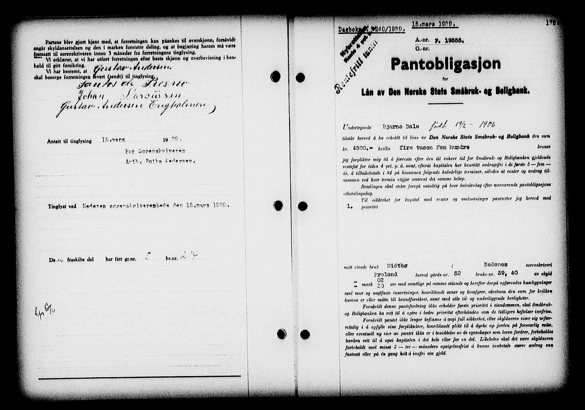 Nedenes sorenskriveri, AV/SAK-1221-0006/G/Gb/Gba/L0046: Pantebok nr. 42, 1938-1939, Dagboknr: 240/1939