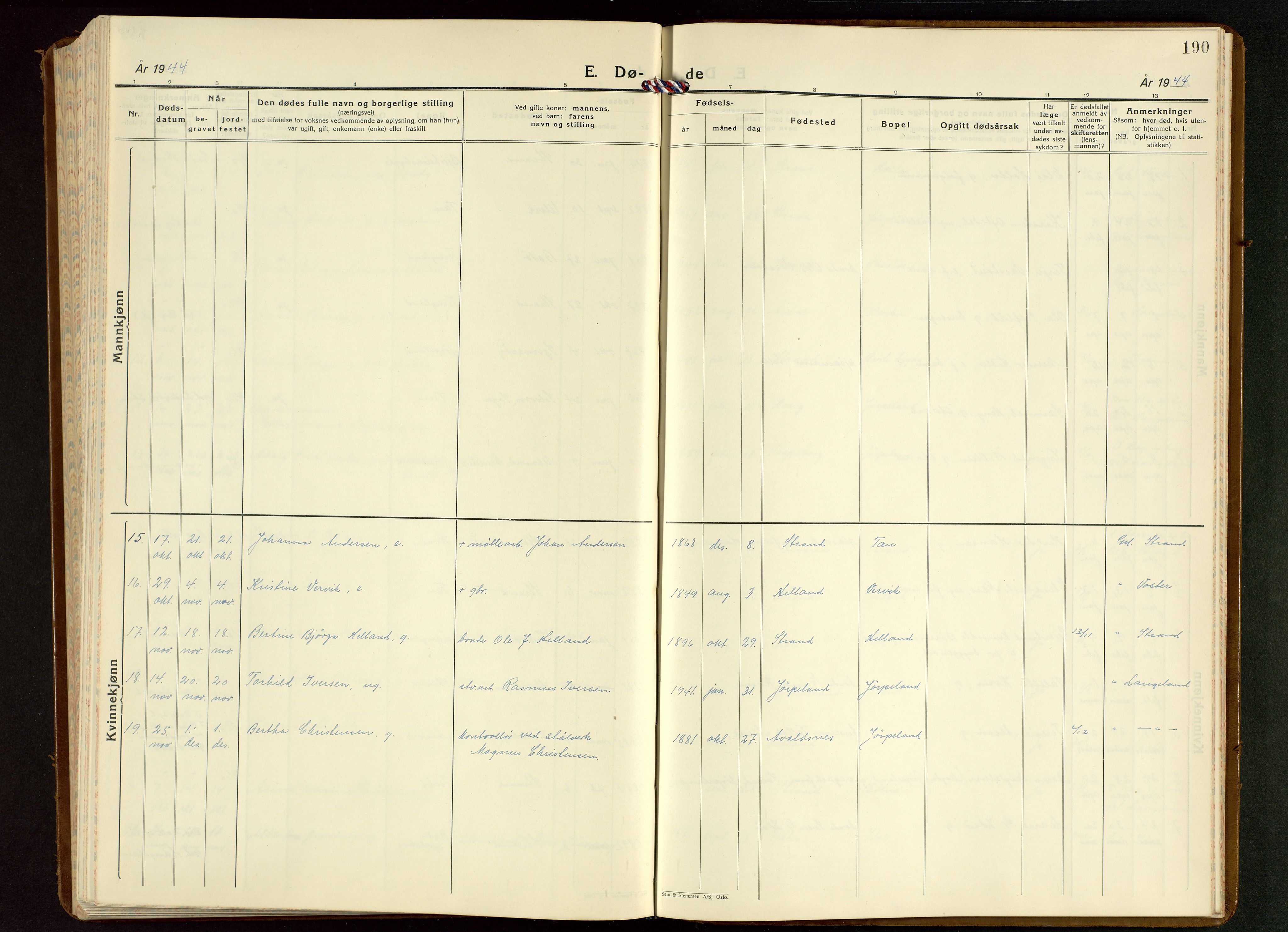 Strand sokneprestkontor, AV/SAST-A-101828/H/Ha/Hab/L0006: Klokkerbok nr. B 6, 1933-1950, s. 190