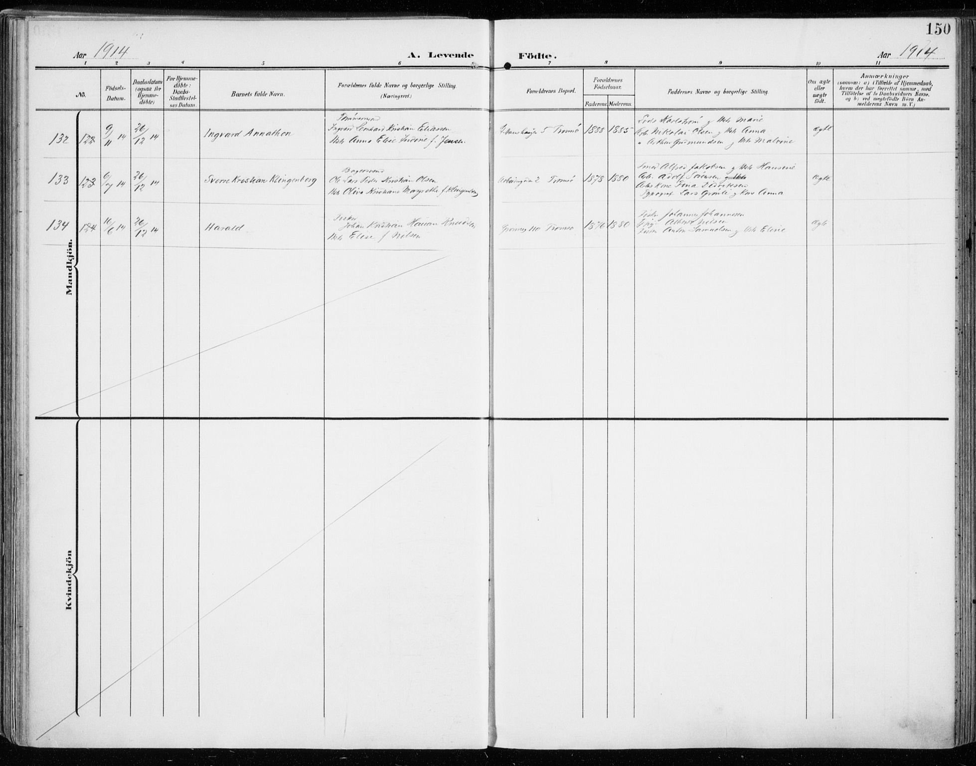 Tromsø sokneprestkontor/stiftsprosti/domprosti, AV/SATØ-S-1343/G/Ga/L0017kirke: Ministerialbok nr. 17, 1907-1917, s. 150