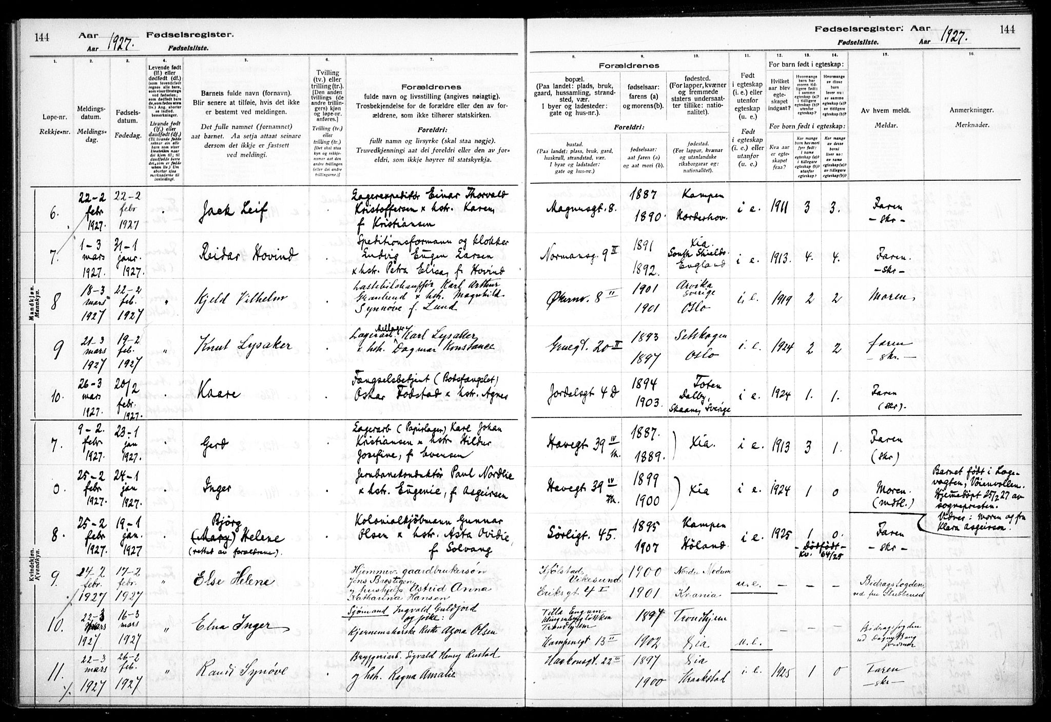 Kampen prestekontor Kirkebøker, AV/SAO-A-10853/J/Ja/L0002: Fødselsregister nr. 2, 1920-1935, s. 144