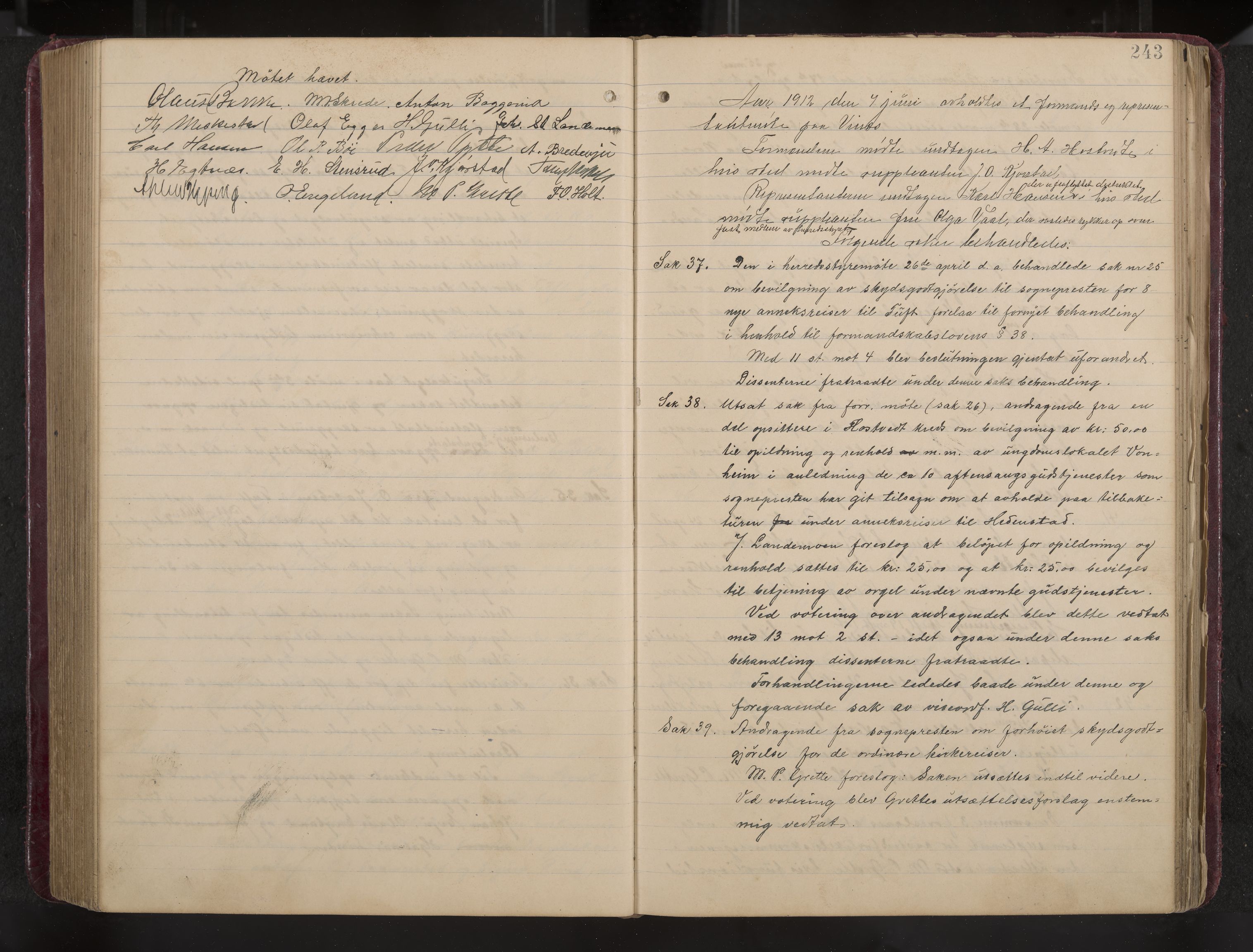 Ytre Sandsvær formannskap og sentraladministrasjon, IKAK/0629021/A/Aa/L0001: Møtebok med register, 1902-1919, s. 243