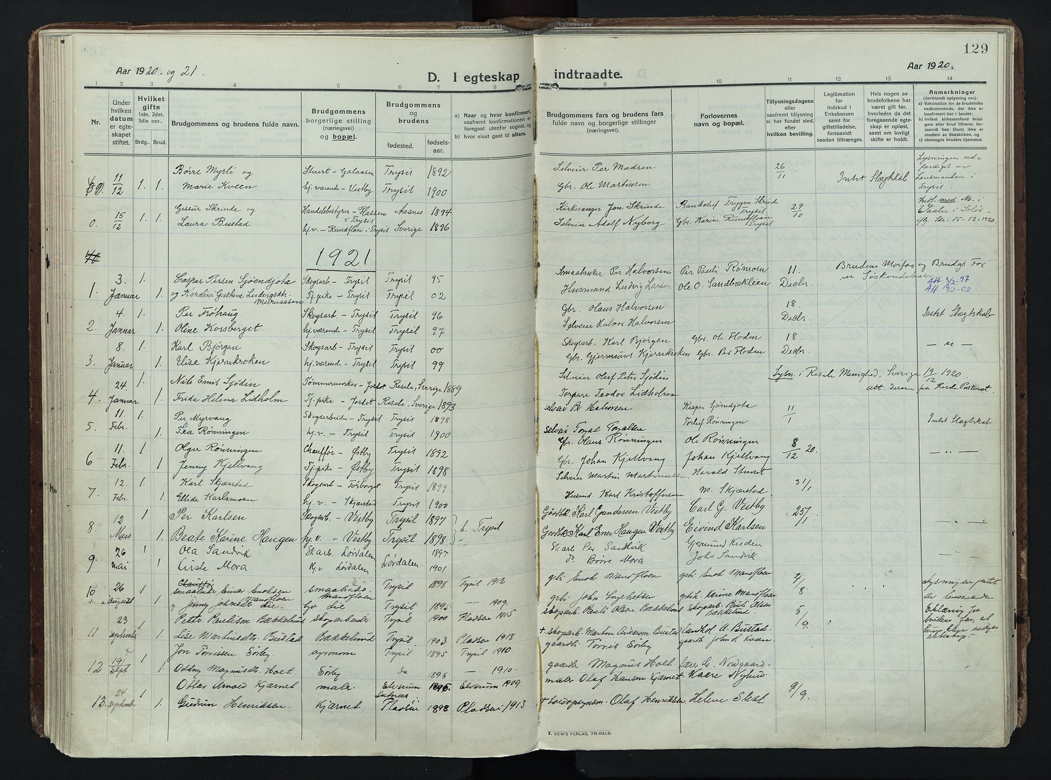 Trysil prestekontor, AV/SAH-PREST-046/H/Ha/Haa/L0014: Ministerialbok nr. 14, 1912-1923, s. 129