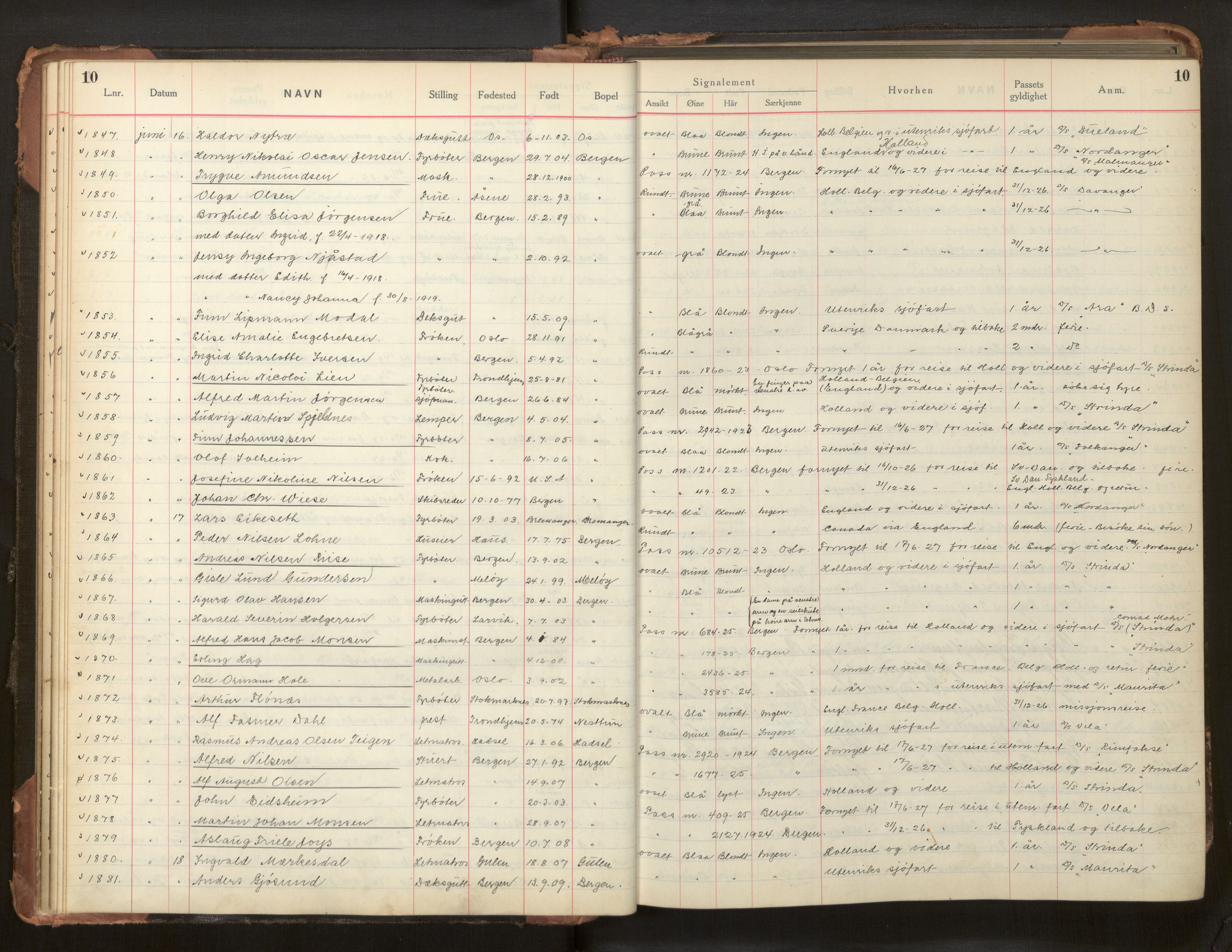 Bergen politikammer / politidistrikt, AV/SAB-A-60401/L/La/Lab/L0011: Passprotokoll, 1926-1928