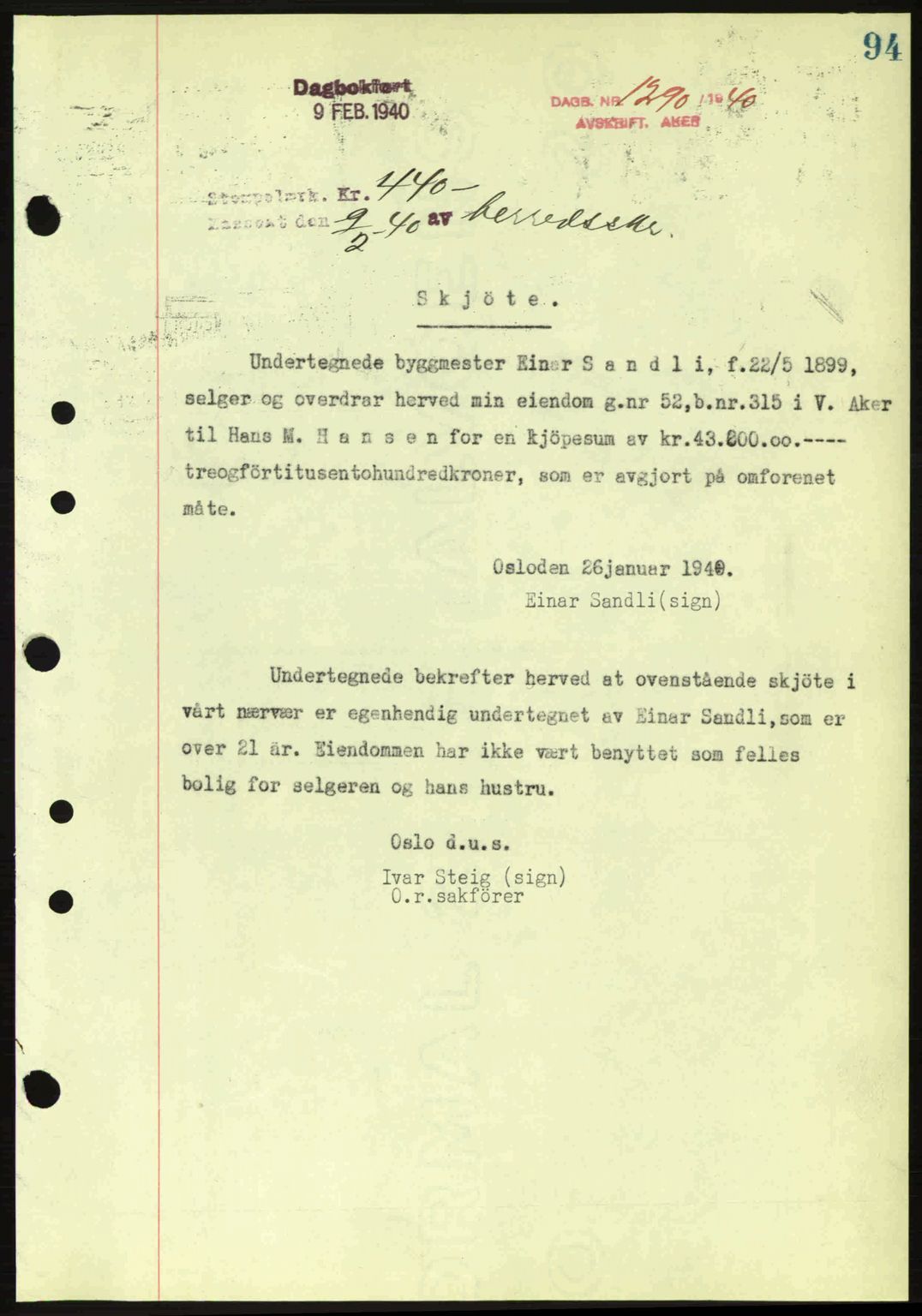 Aker herredsskriveri, AV/SAO-A-10896/G/Gb/Gba/Gbab/L0039: Pantebok nr. A165-166, 1939-1940, Dagboknr: 1290/1940