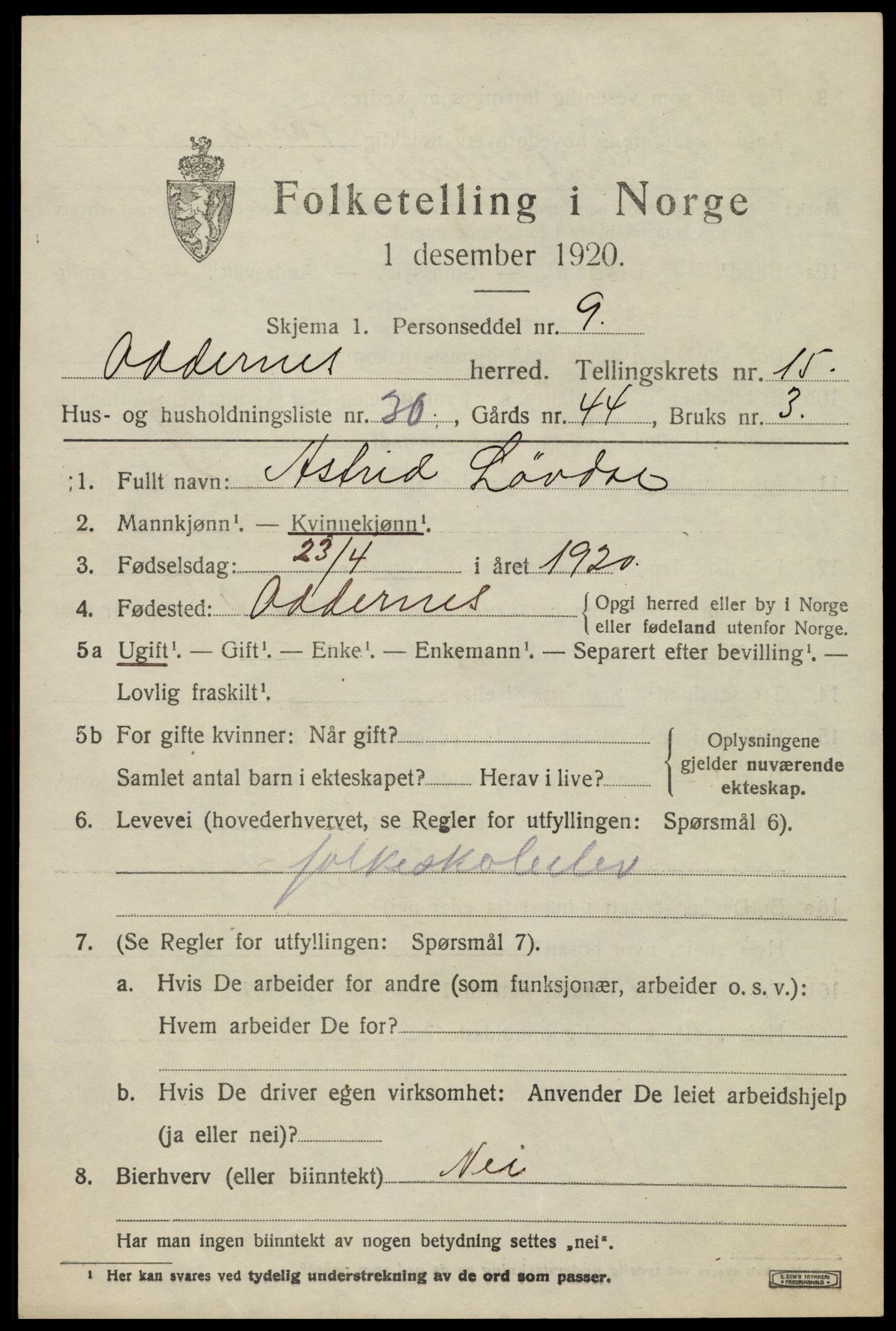 SAK, Folketelling 1920 for 1012 Oddernes herred, 1920, s. 10325