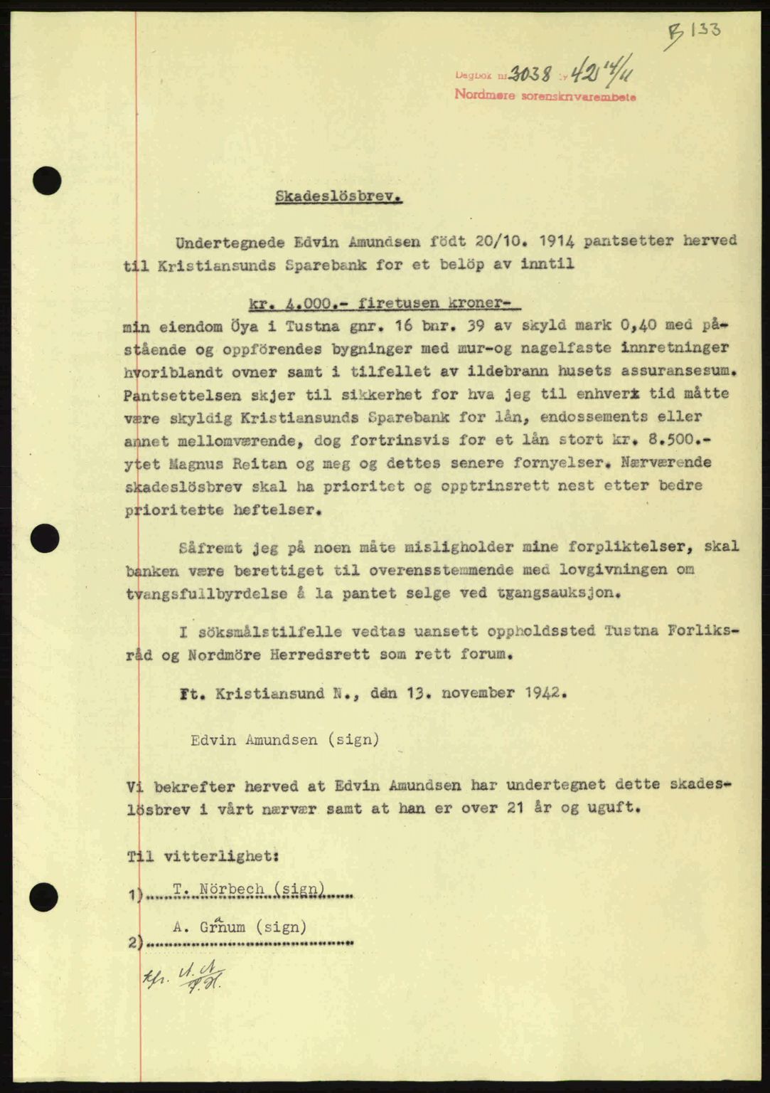 Nordmøre sorenskriveri, SAT/A-4132/1/2/2Ca: Pantebok nr. B90, 1942-1943, Dagboknr: 3038/1942