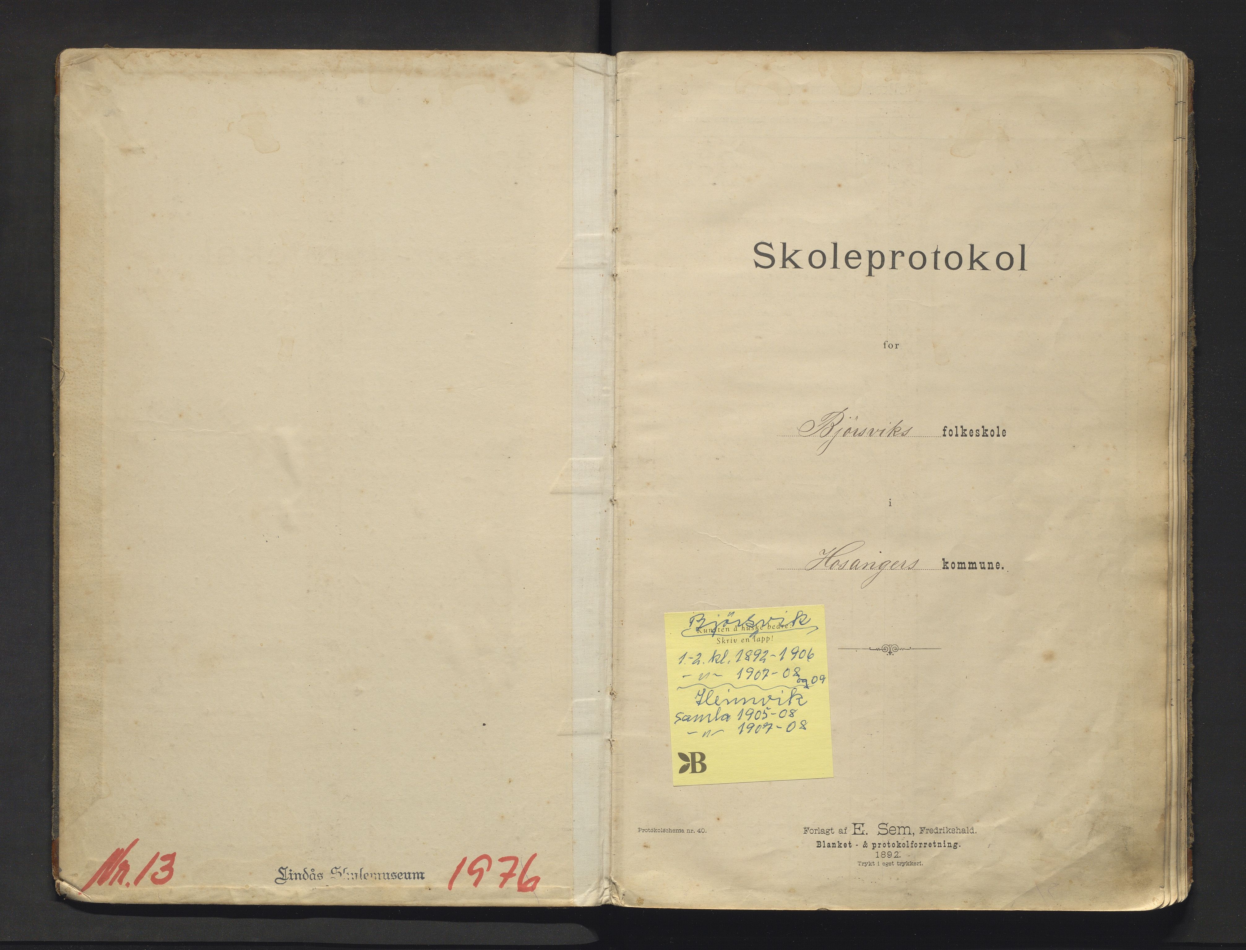 Hosanger kommune. Barneskulane, IKAH/1253a-231/F/Fb/L0008: Skuleprotokoll for Bjørsvik og Heimvik krinsar, 1892-1909