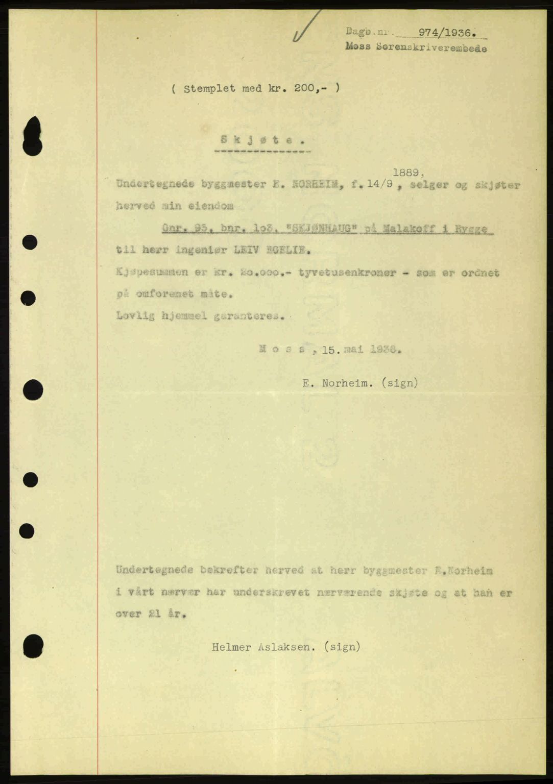 Moss sorenskriveri, SAO/A-10168: Pantebok nr. A1, 1936-1936, Dagboknr: 974/1936