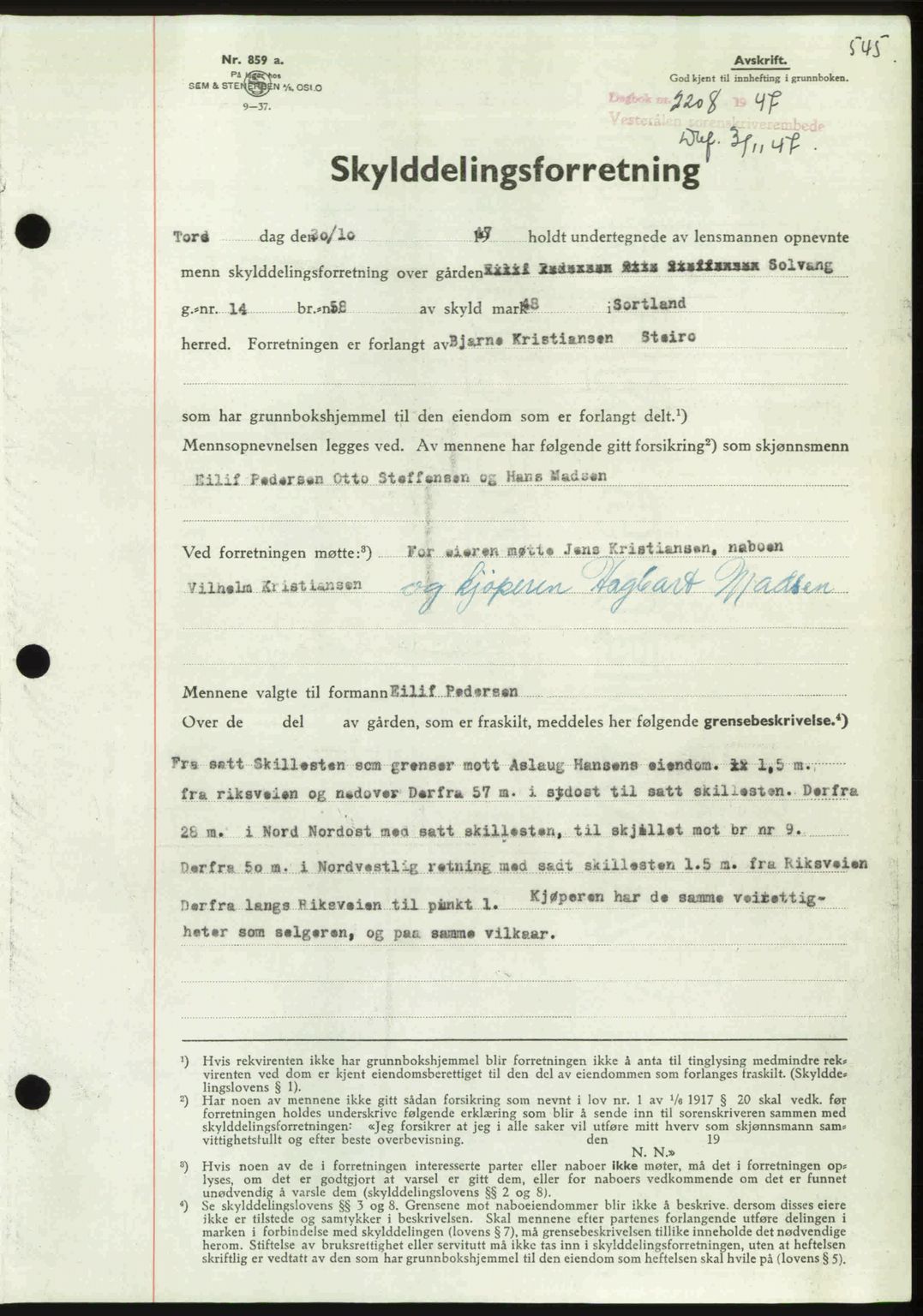 Vesterålen sorenskriveri, SAT/A-4180/1/2/2Ca: Pantebok nr. A21, 1947-1947, Dagboknr: 2208/1947